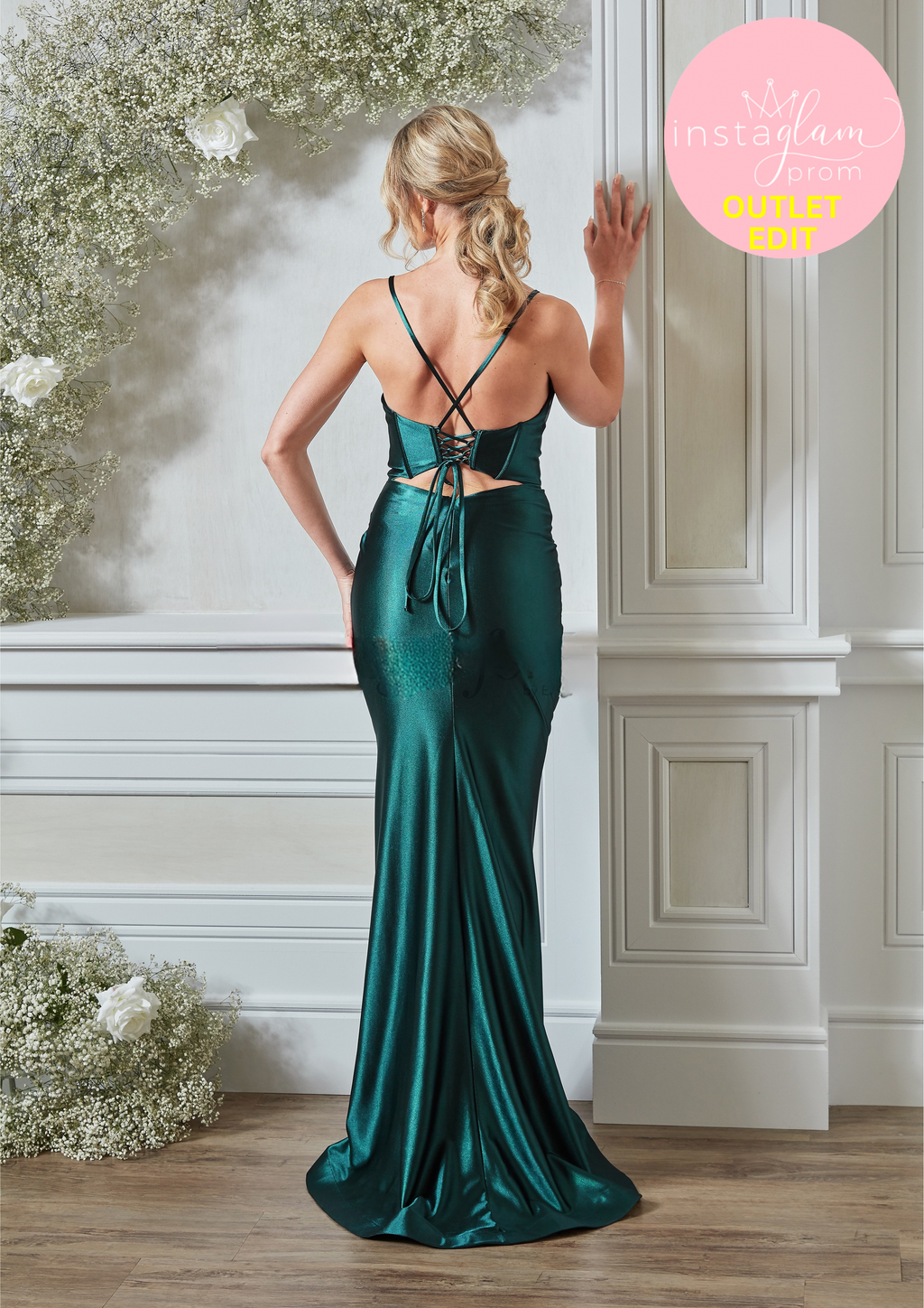 Fitted satin prom dress with boned bodice, corset back and leg split- Style AF5325