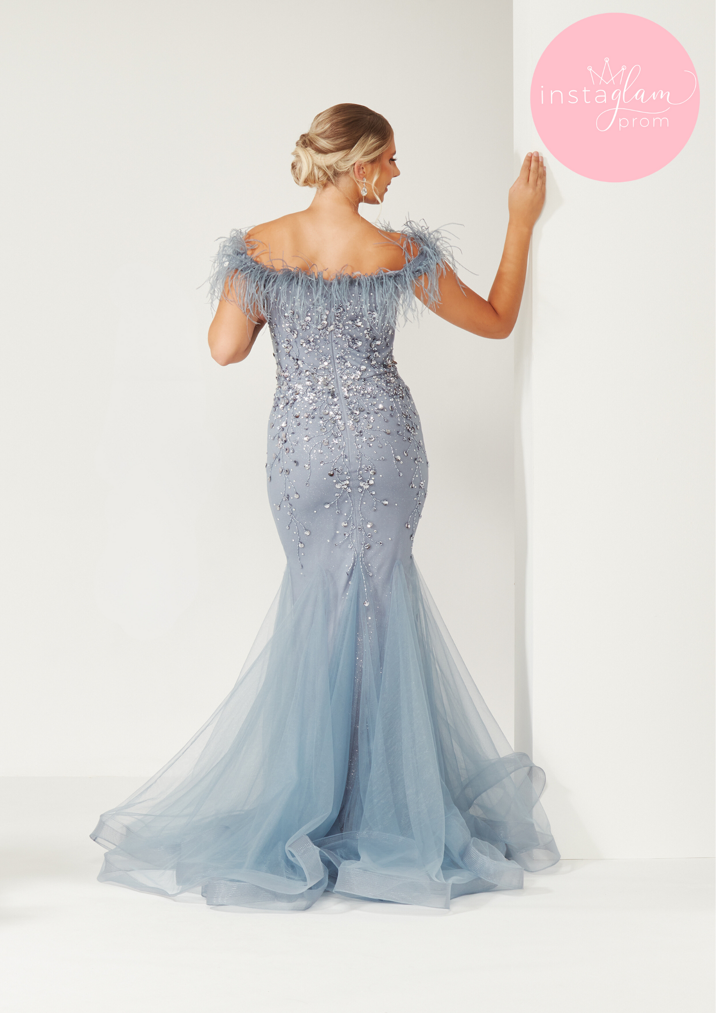 Off the shoulder beaded fishtail with feathers- style AF4306