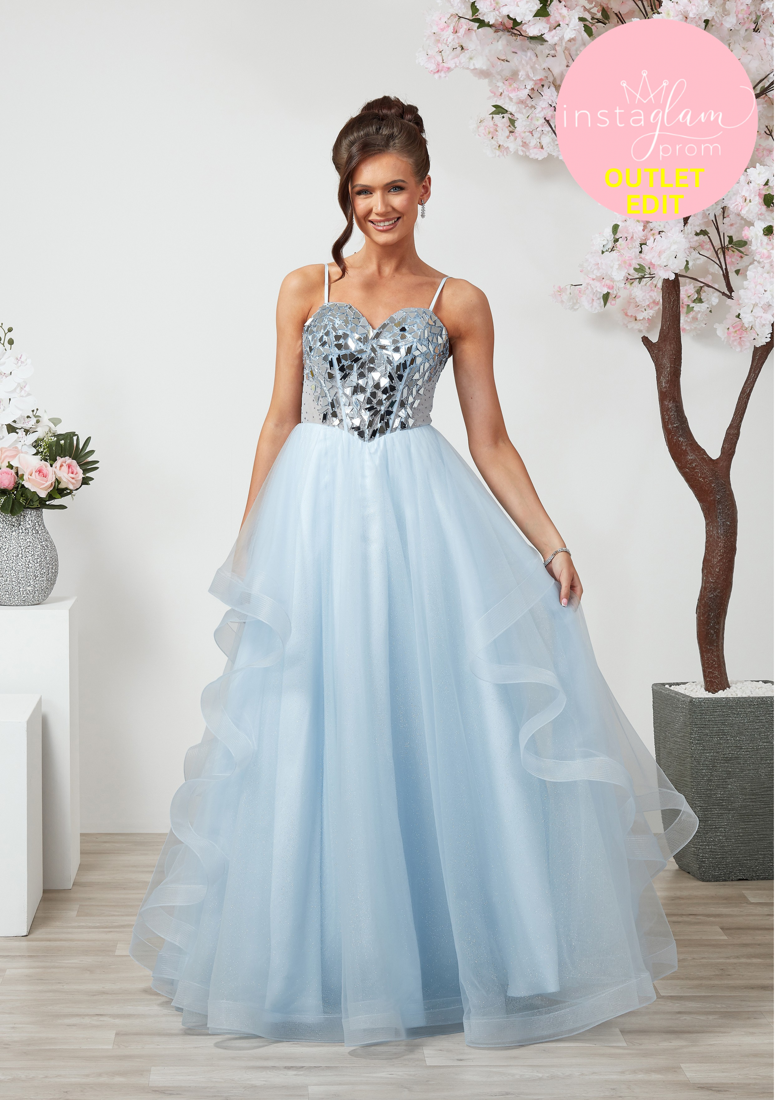 Ruffled ballgown prom/ evening dress with mirror tile detail and corset back- Style AF6496