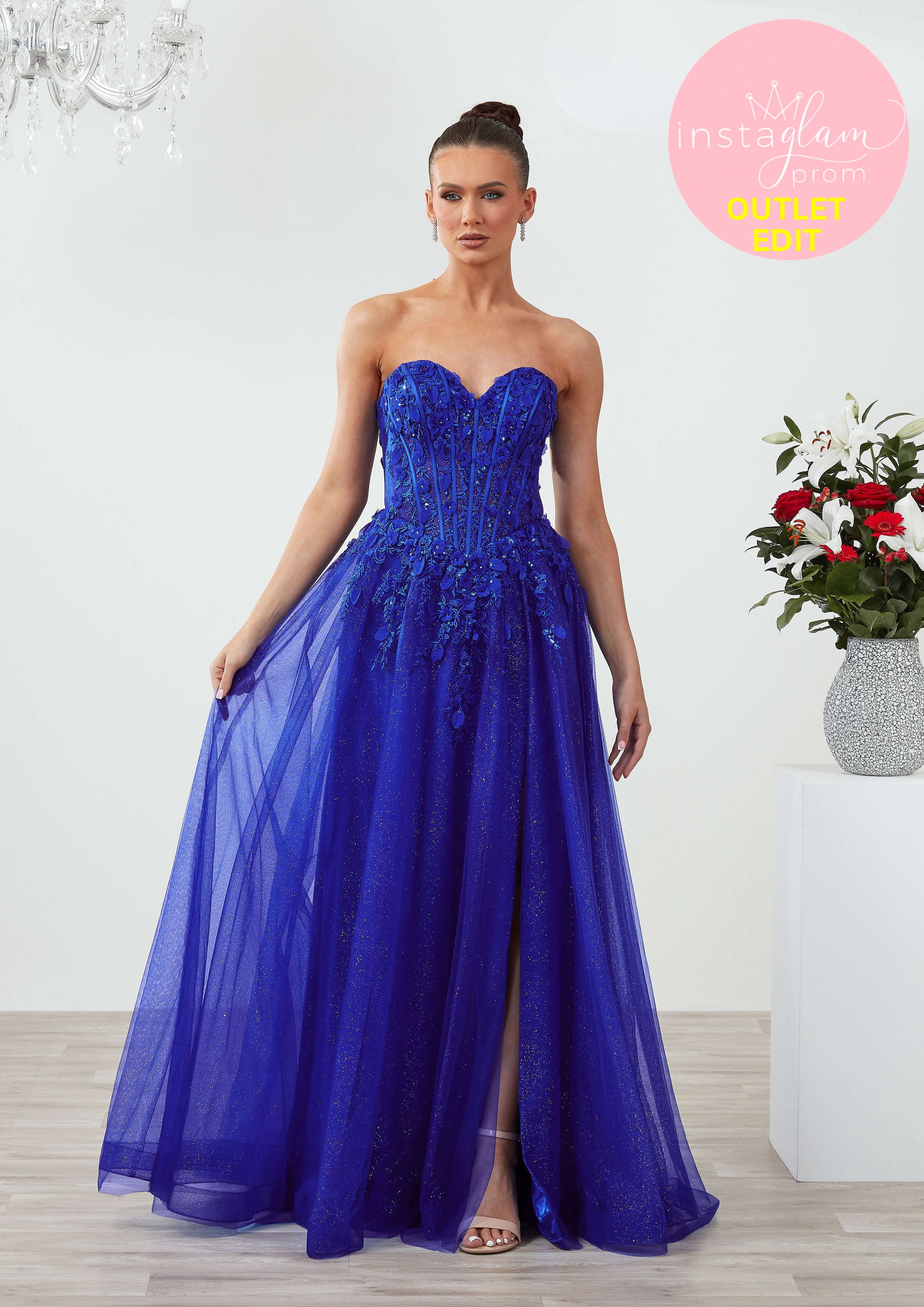 Aline prom / evening dress with boned sheer bodice, flower embellishments and leg split - Style AF6409