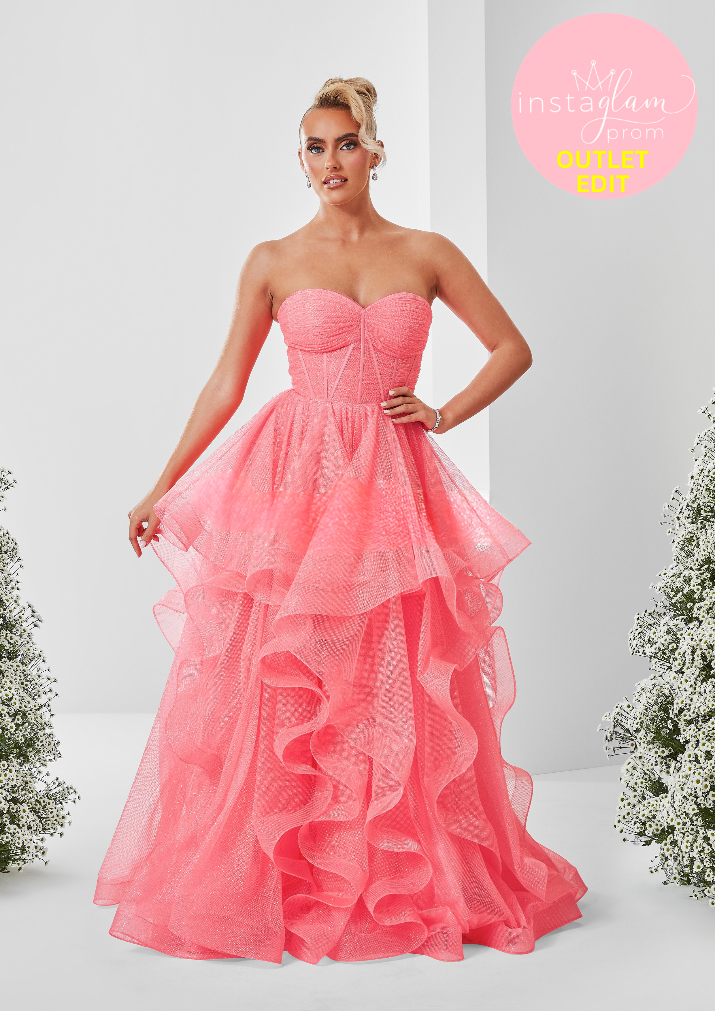 Ruffle ball gown Prom dress in glitter fabric with boned bodice and corset back- Style AF5419