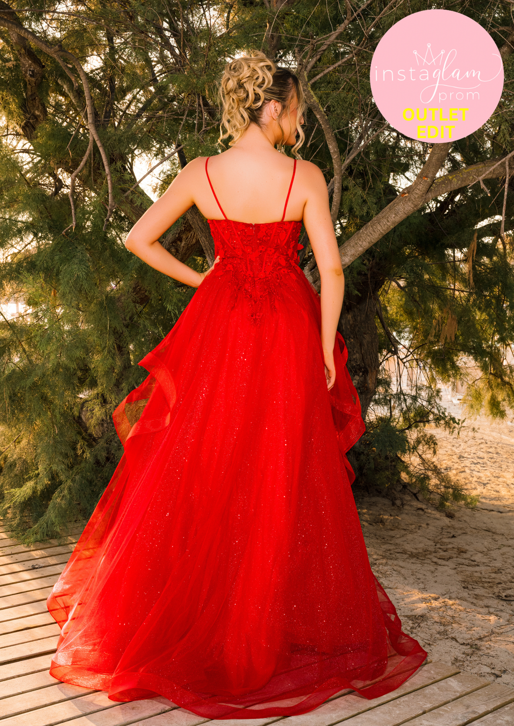 Ruffled ballgown prom / evening dress with boned sheer bodice, flower embellishments and corset back- Style AF6412