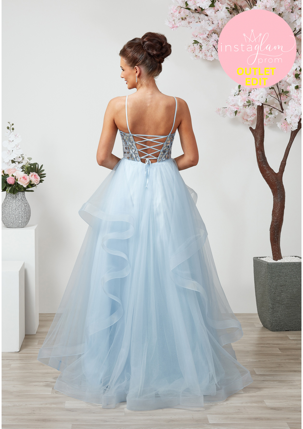 Ruffled ballgown prom/ evening dress with mirror tile detail and corset back- Style AF6496