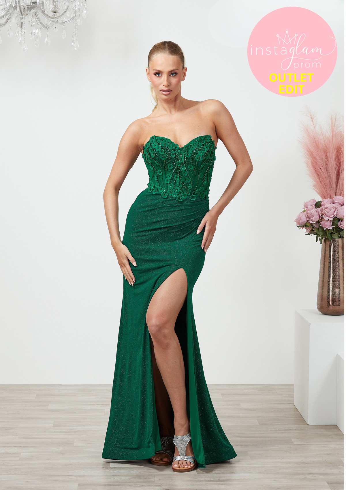 Fitted Glitter Prom Dress Strapless Boned Lace Bodice & Leg Split- AF6435