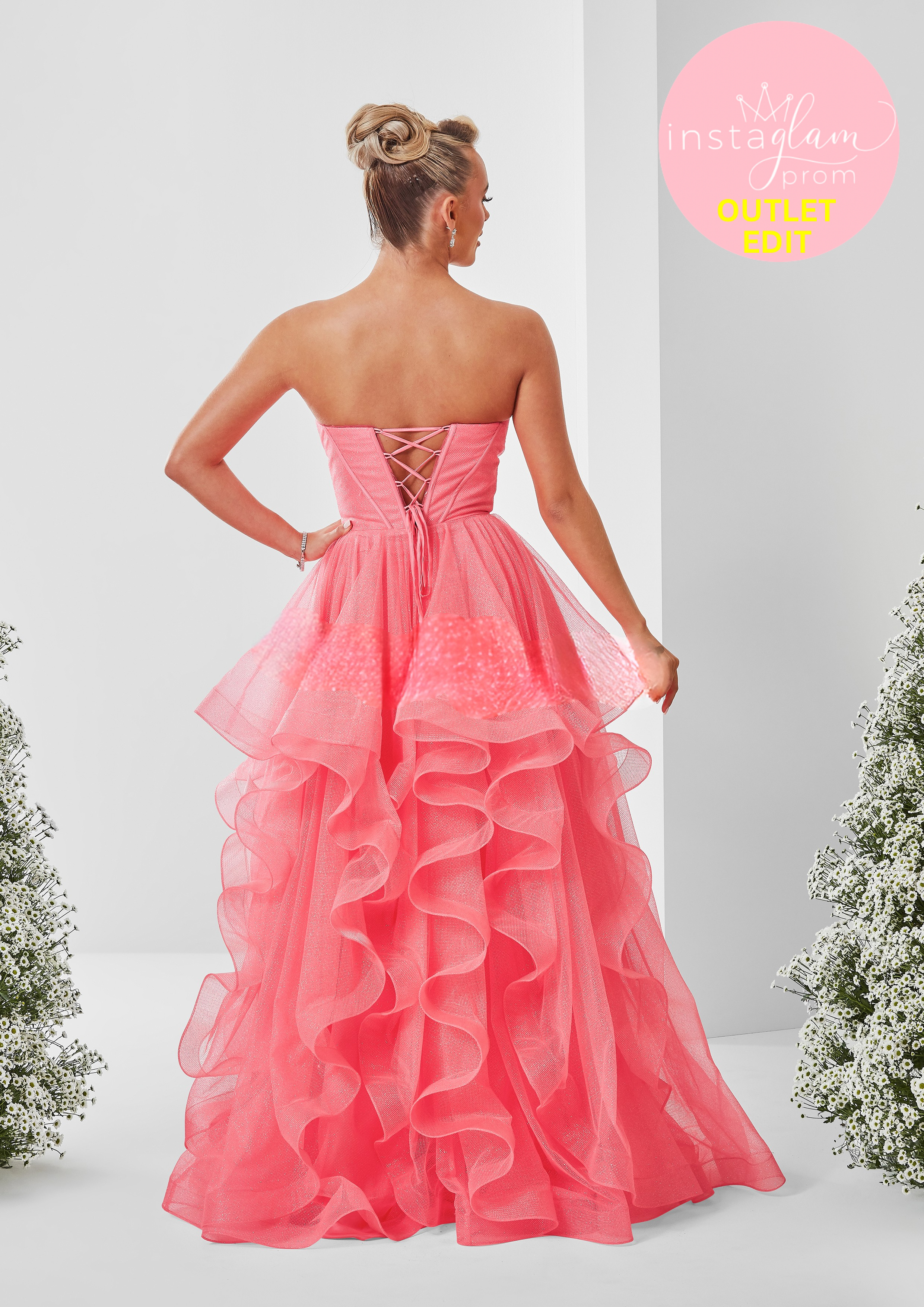 Ruffle ball gown Prom dress in glitter fabric with boned bodice and corset back- Style AF5419