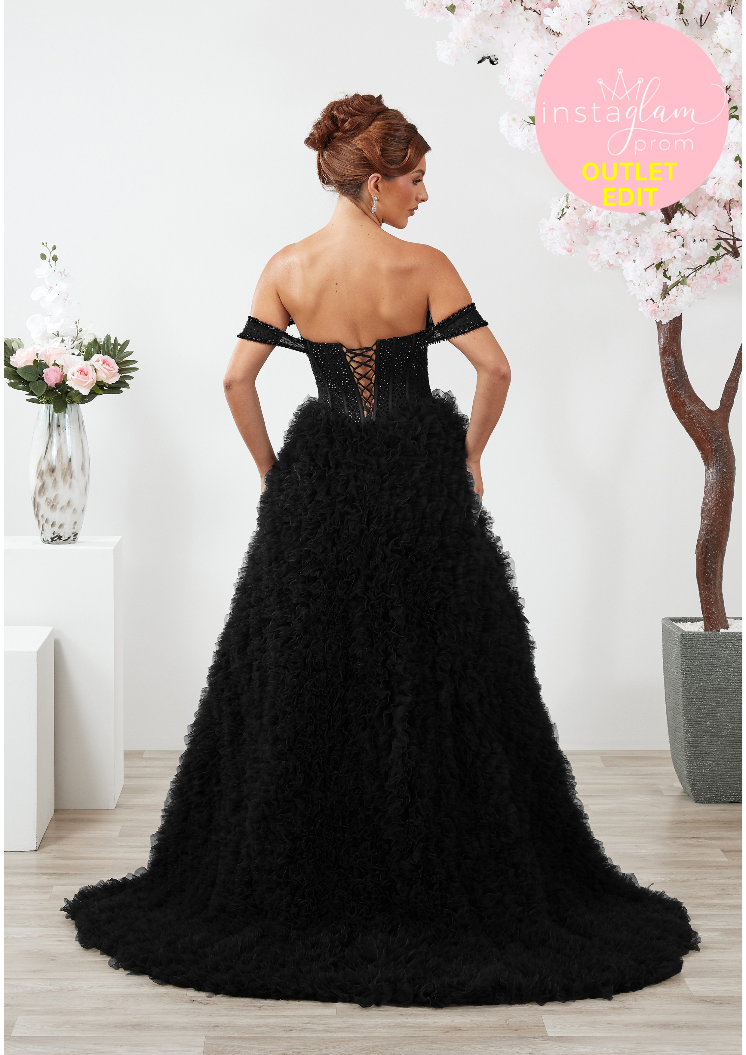Ruffled Aline Prom dress with off the shoulder straps and boned sheer bodice - Style AF6666