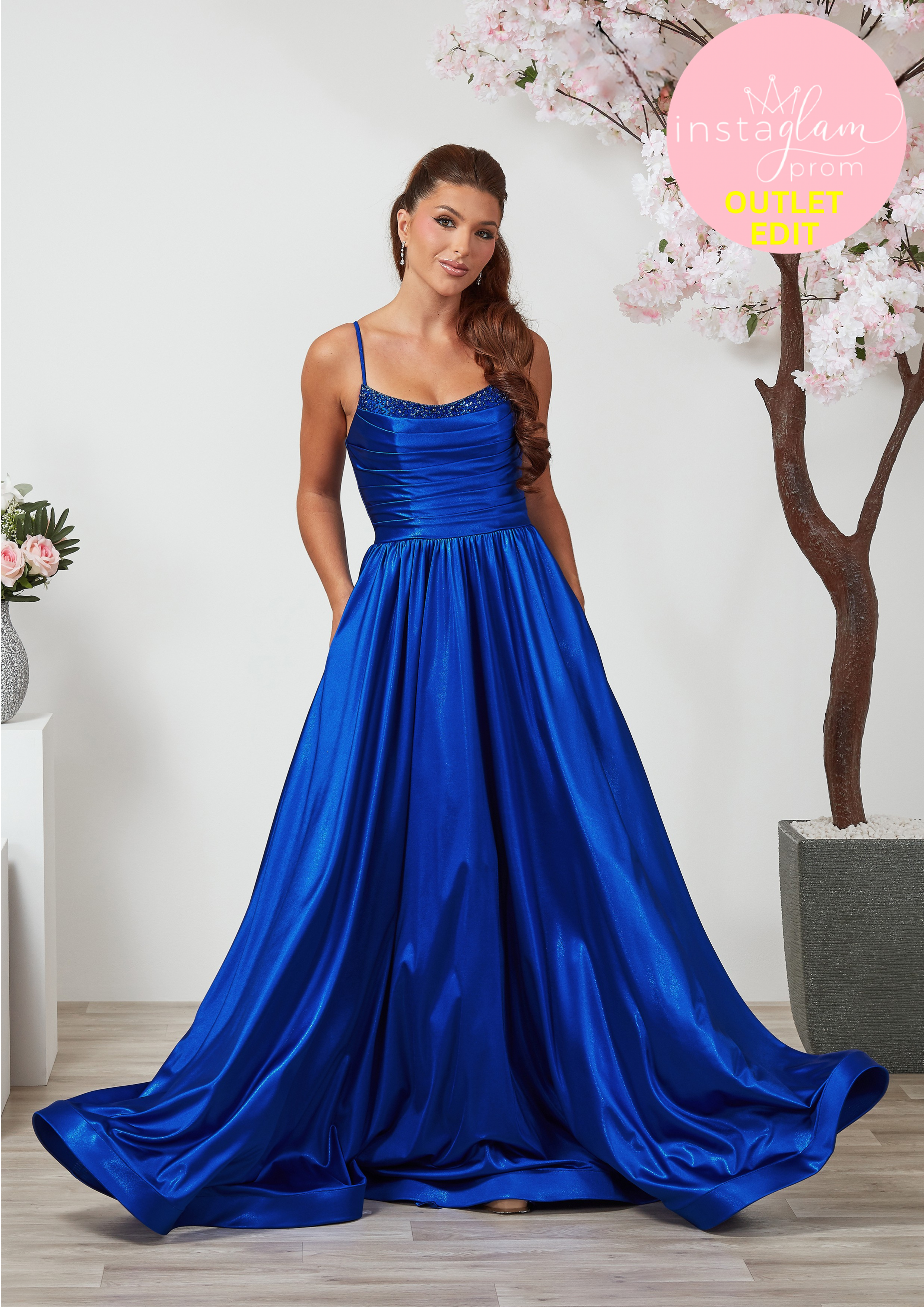 Aline satin Prom dress with round neck, boned bodice and leg split- Style AF6455