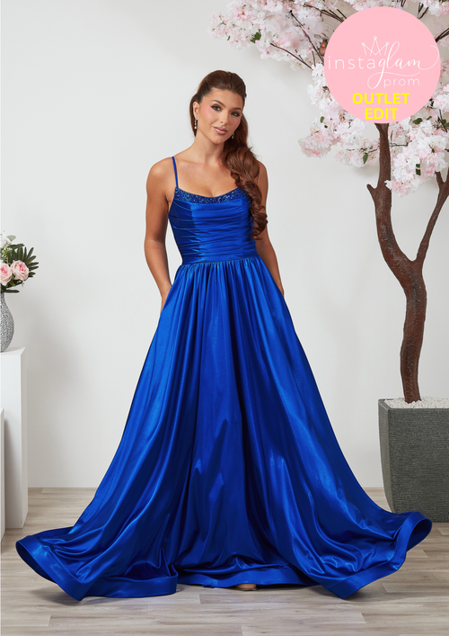 Aline satin Prom dress with round neck, boned bodice and leg split- Style AF6455
