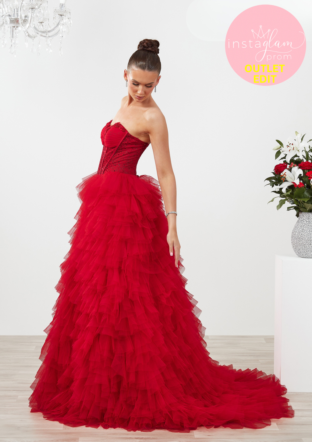 Ruffled Prom dress with boned sheer bodice and leg split- Style AF6650