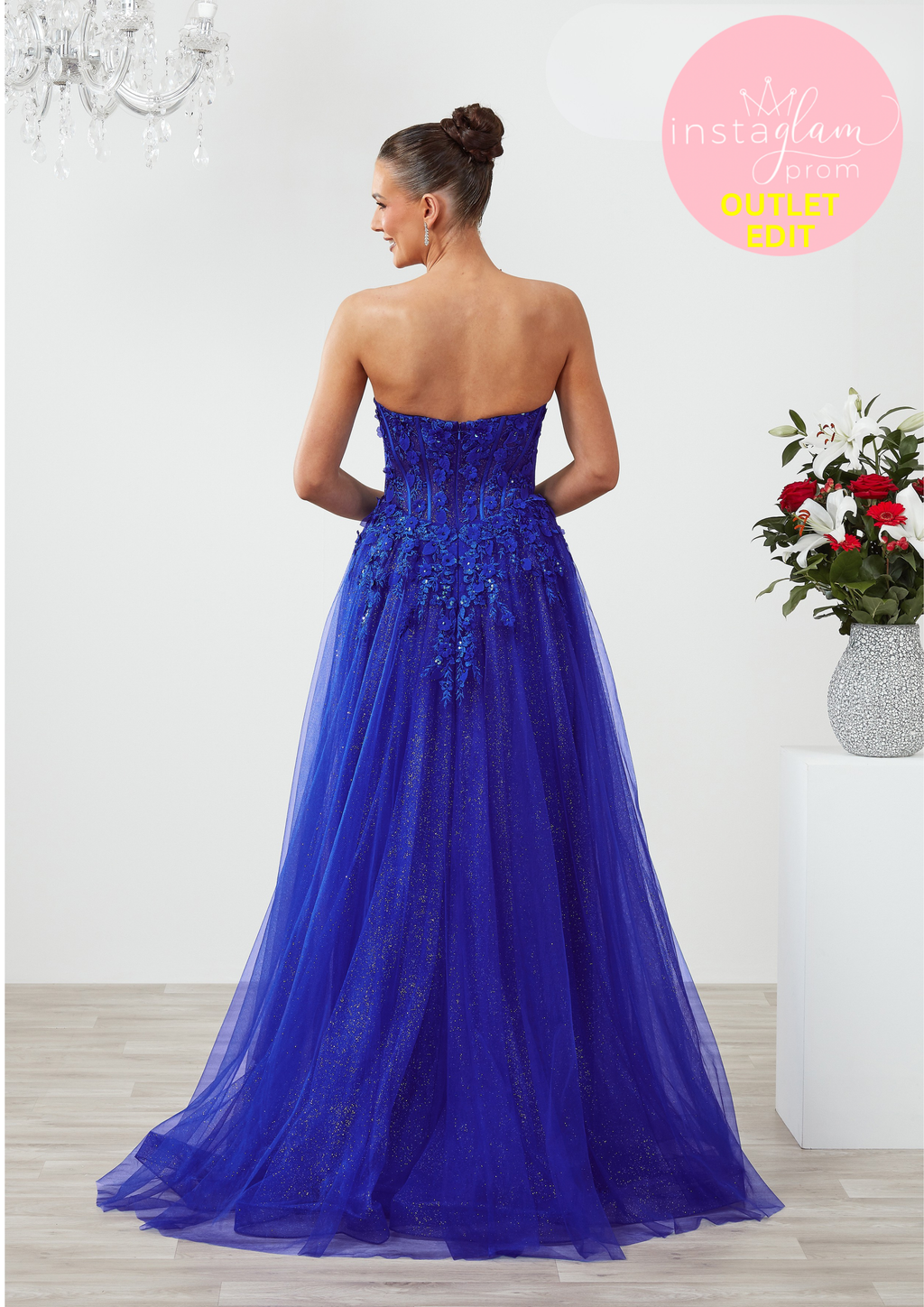 Aline prom / evening dress with boned sheer bodice, flower embellishments and leg split - Style AF6409