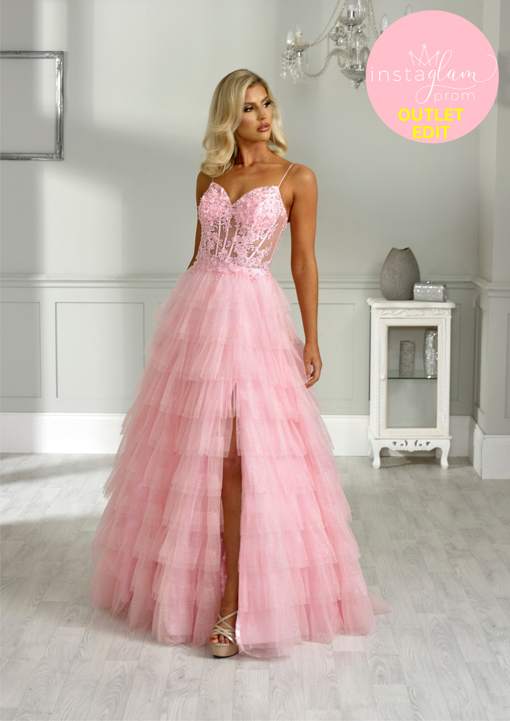 Aline Prom dress with tiered skirt boned sheer bodice and leg split- Style AF1644