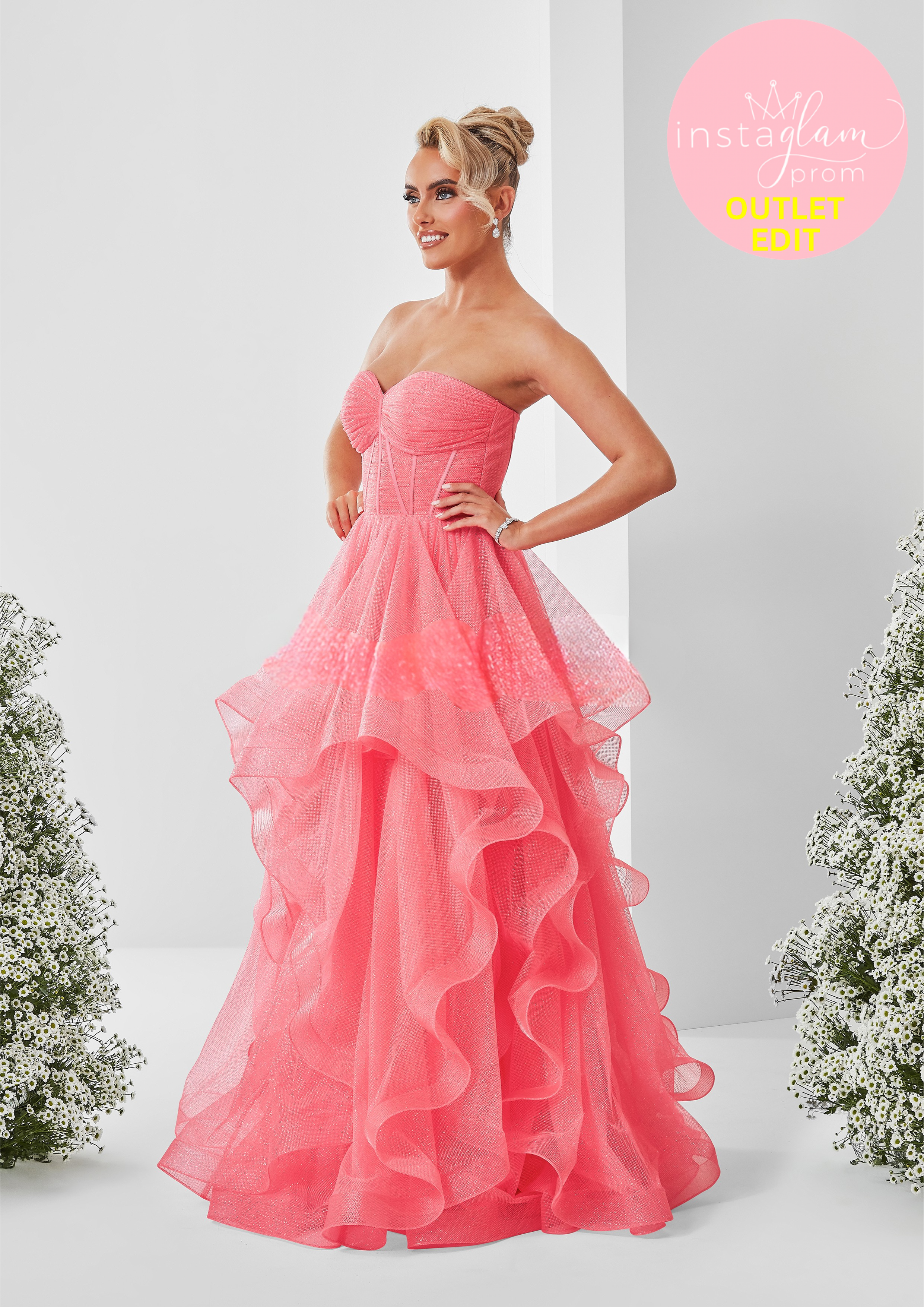 Ruffle ball gown Prom dress in glitter fabric with boned bodice and corset back- Style AF5419