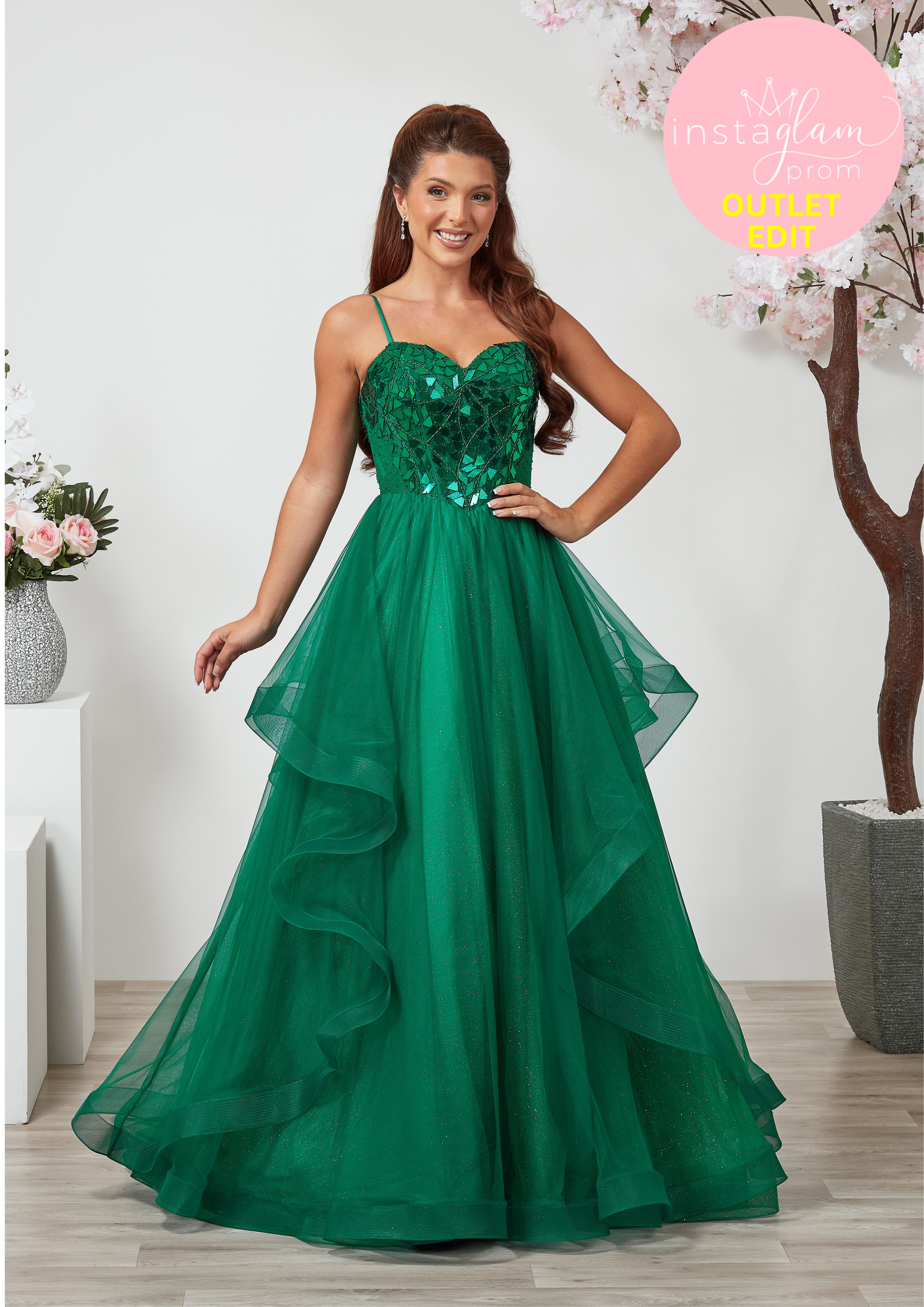 Ruffled ballgown prom/ evening dress with mirror tile detail and corset back- Style AF6496