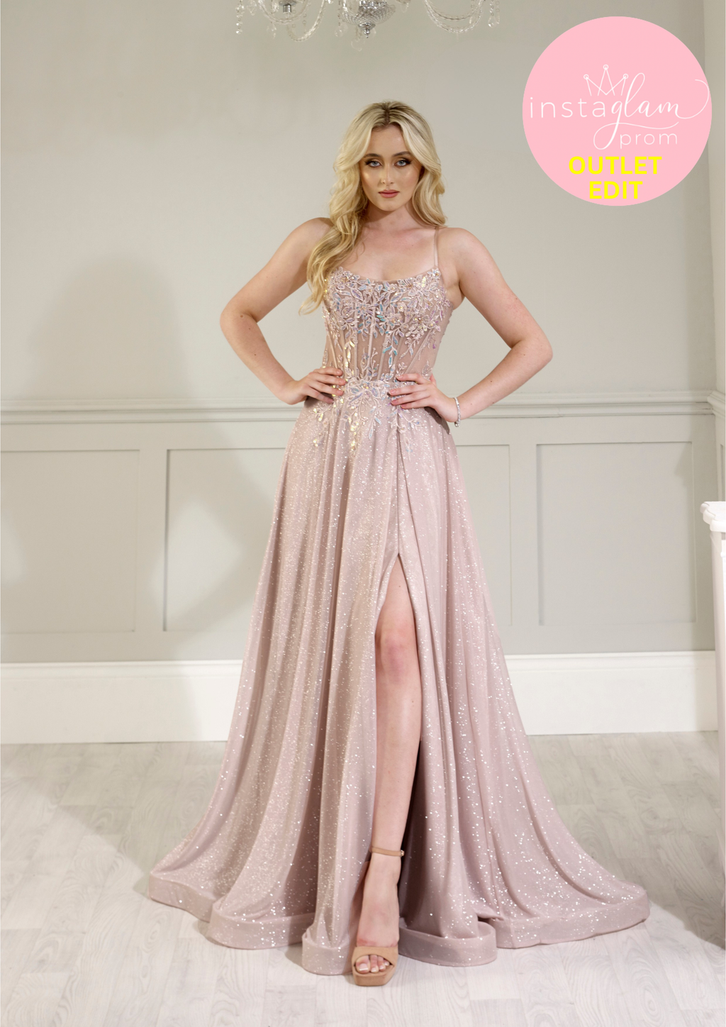 Aline glitter fabric prom dress with boned sheer bodice and leg split- Style AF4744