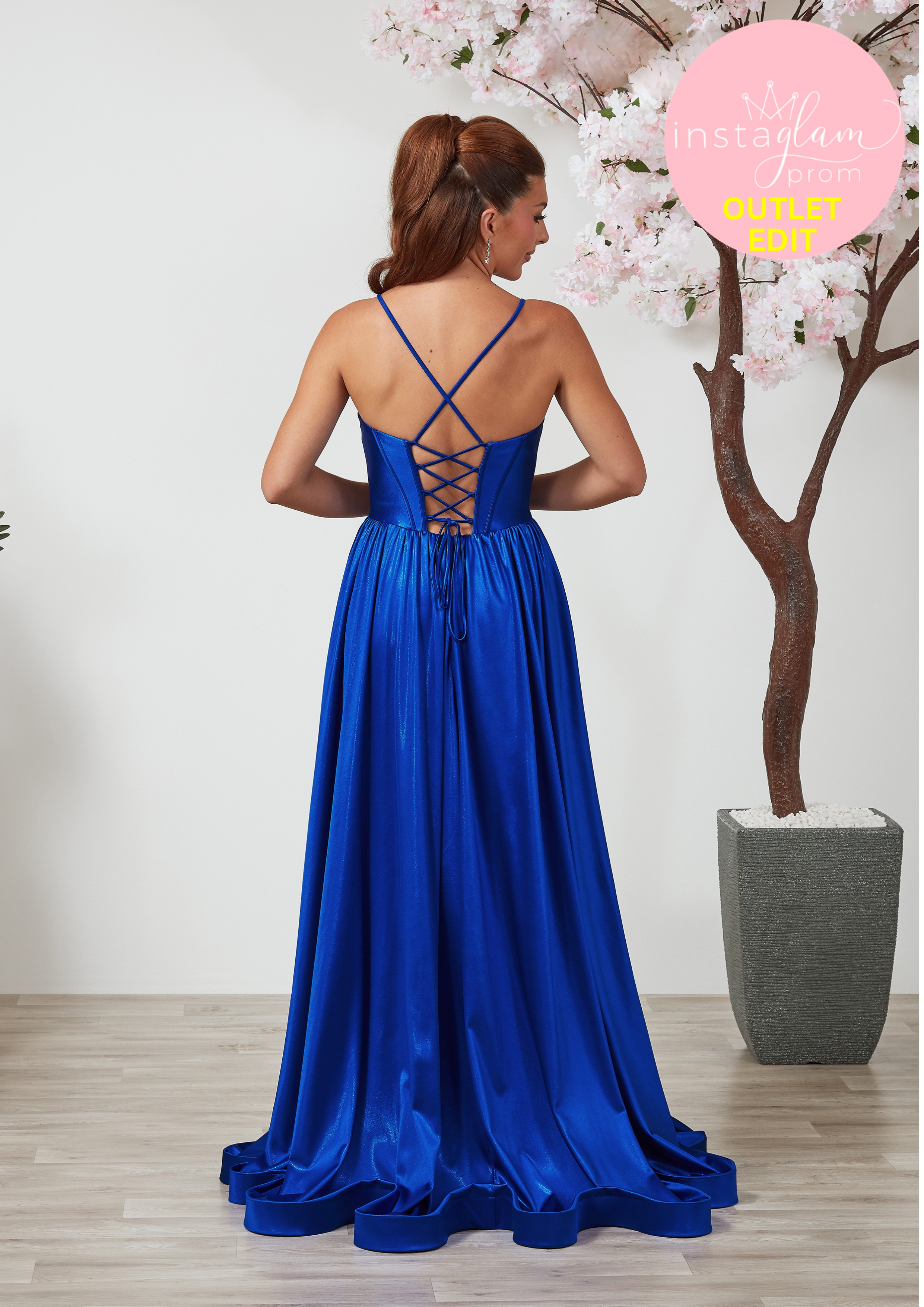 Aline satin Prom dress with round neck, boned bodice and leg split- Style AF6455