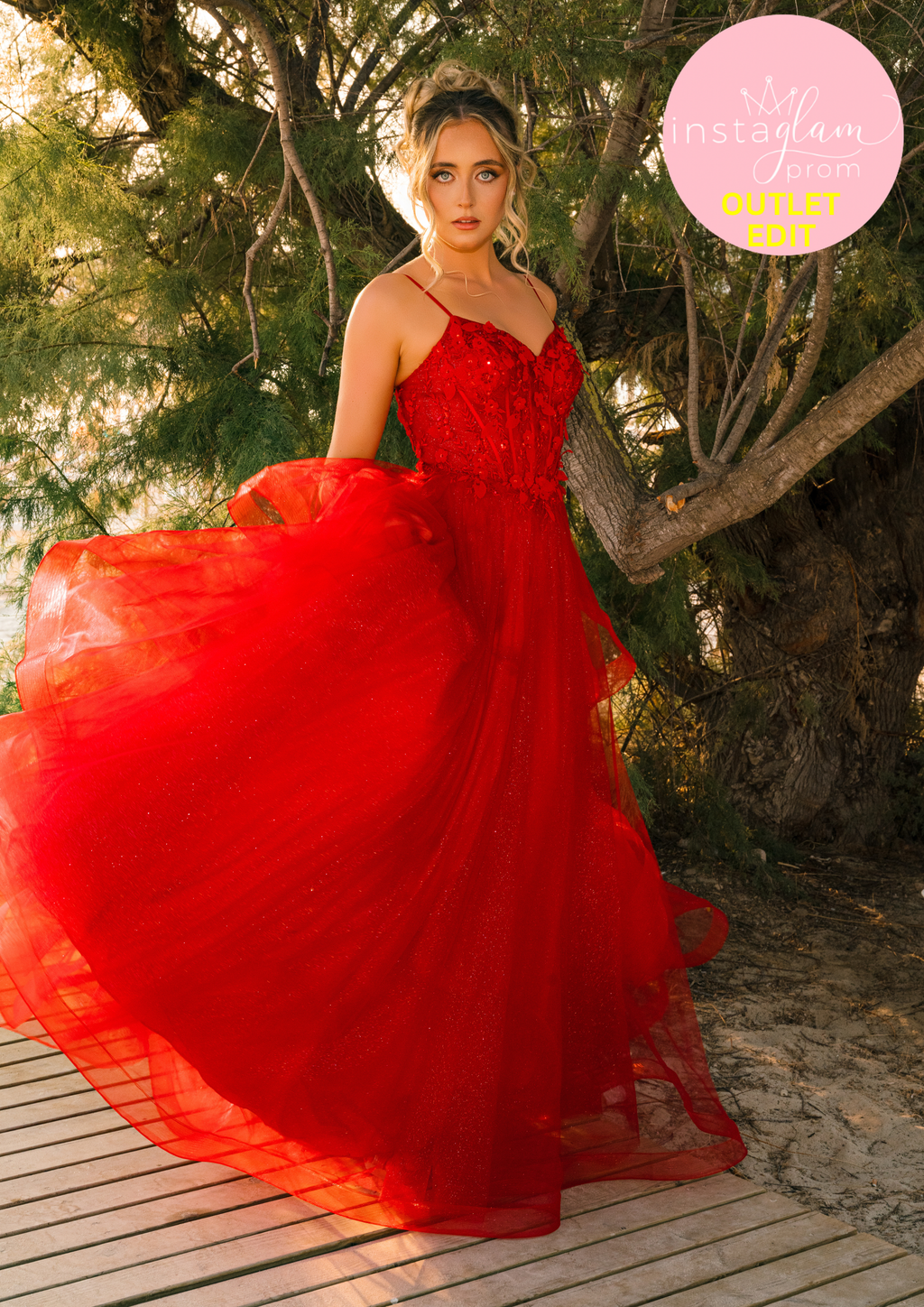 Ruffled ballgown prom / evening dress with boned sheer bodice, flower embellishments and corset back- Style AF6412