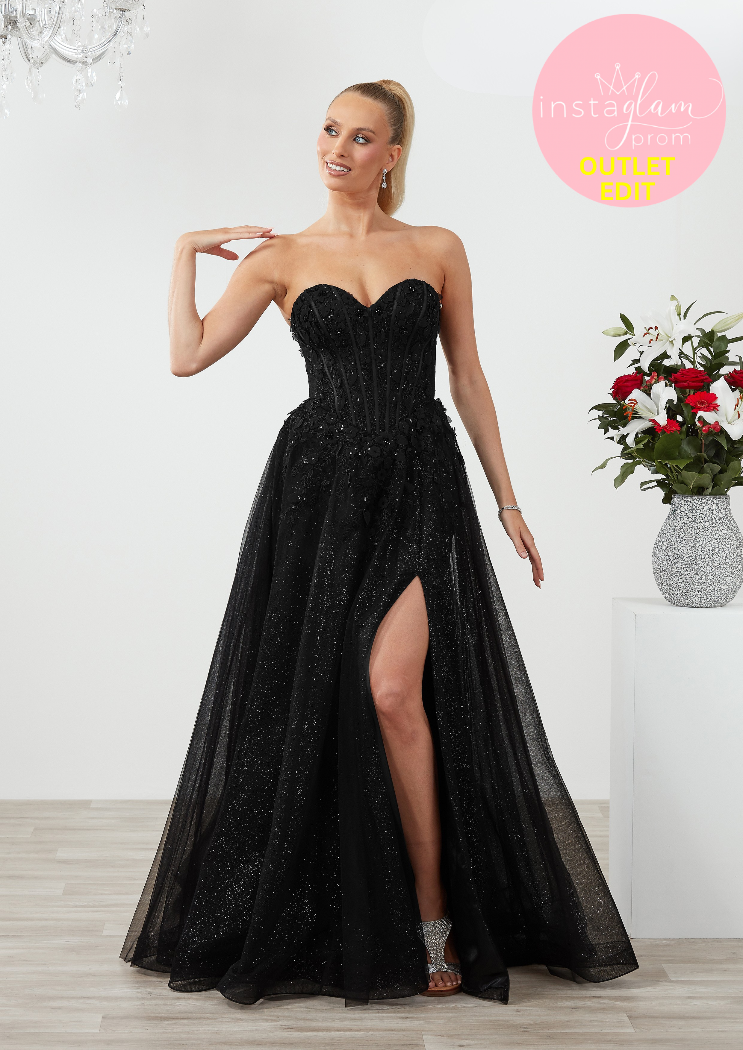 Aline prom / evening dress with boned sheer bodice, flower embellishments and leg split - Style AF6409
