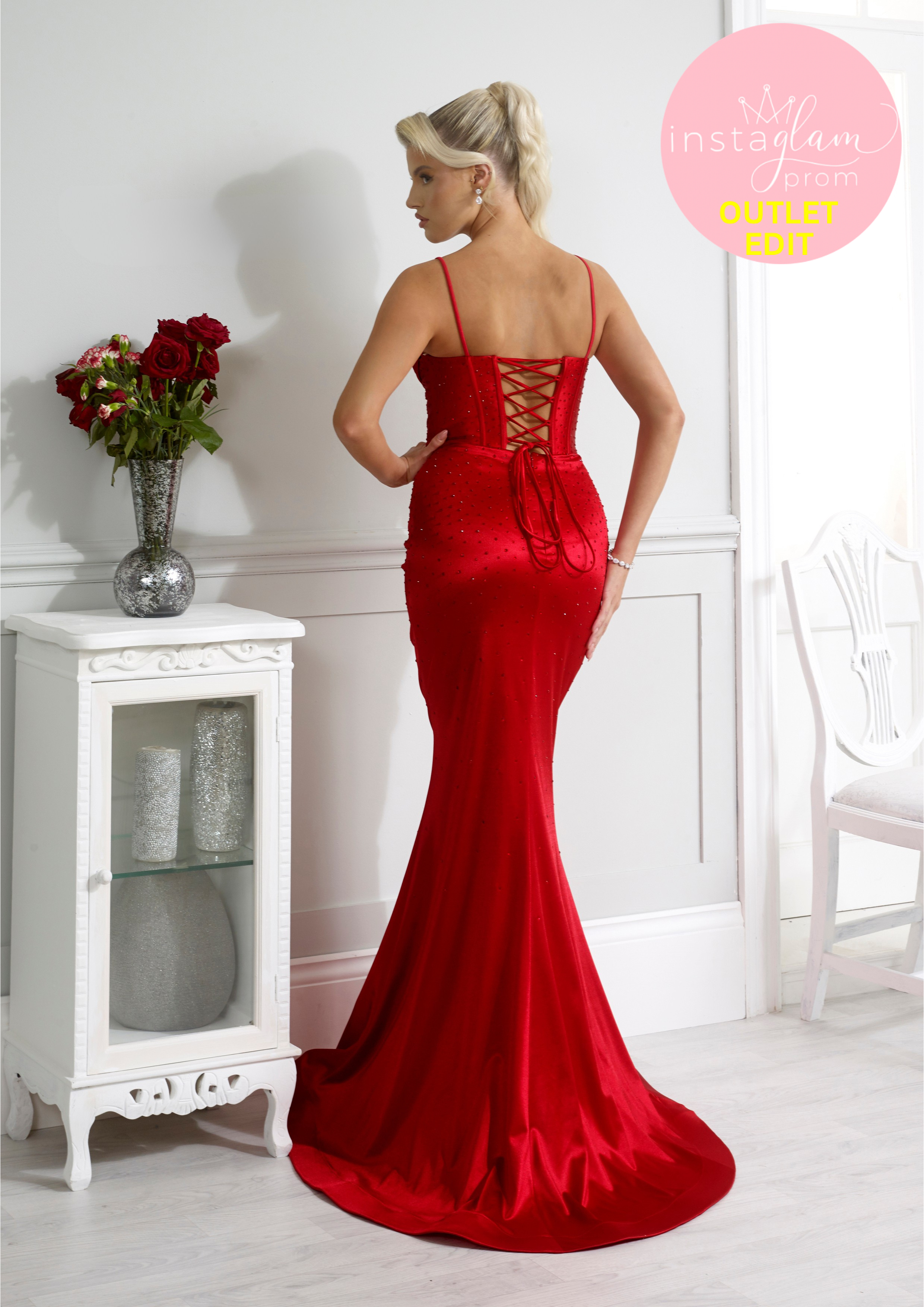 Satin fitted Prom dress with corset back, hot fix detail and leg split- Style AF3307