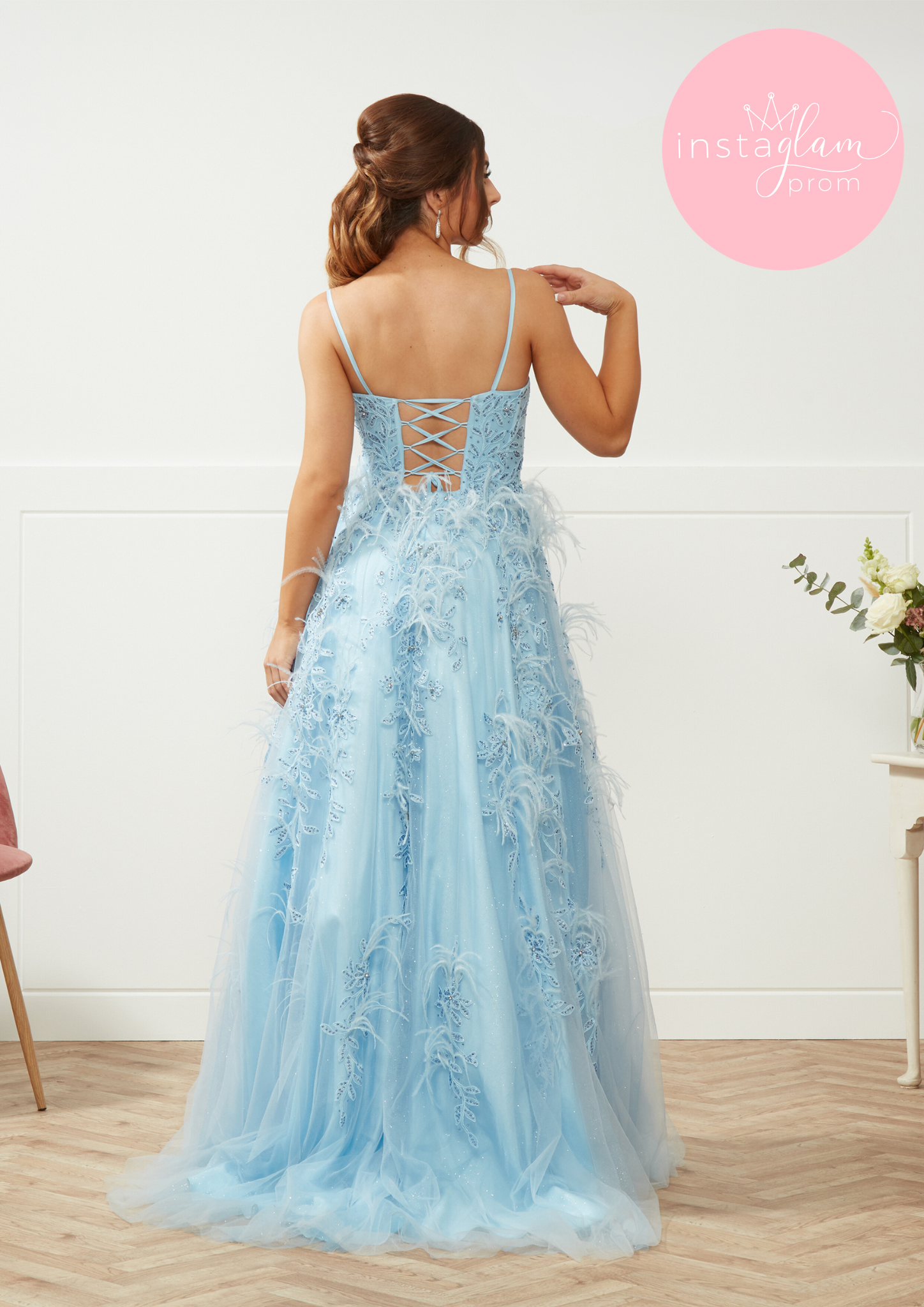 Feathered lace ballgown prom/ evening dress with corset back-style 4331