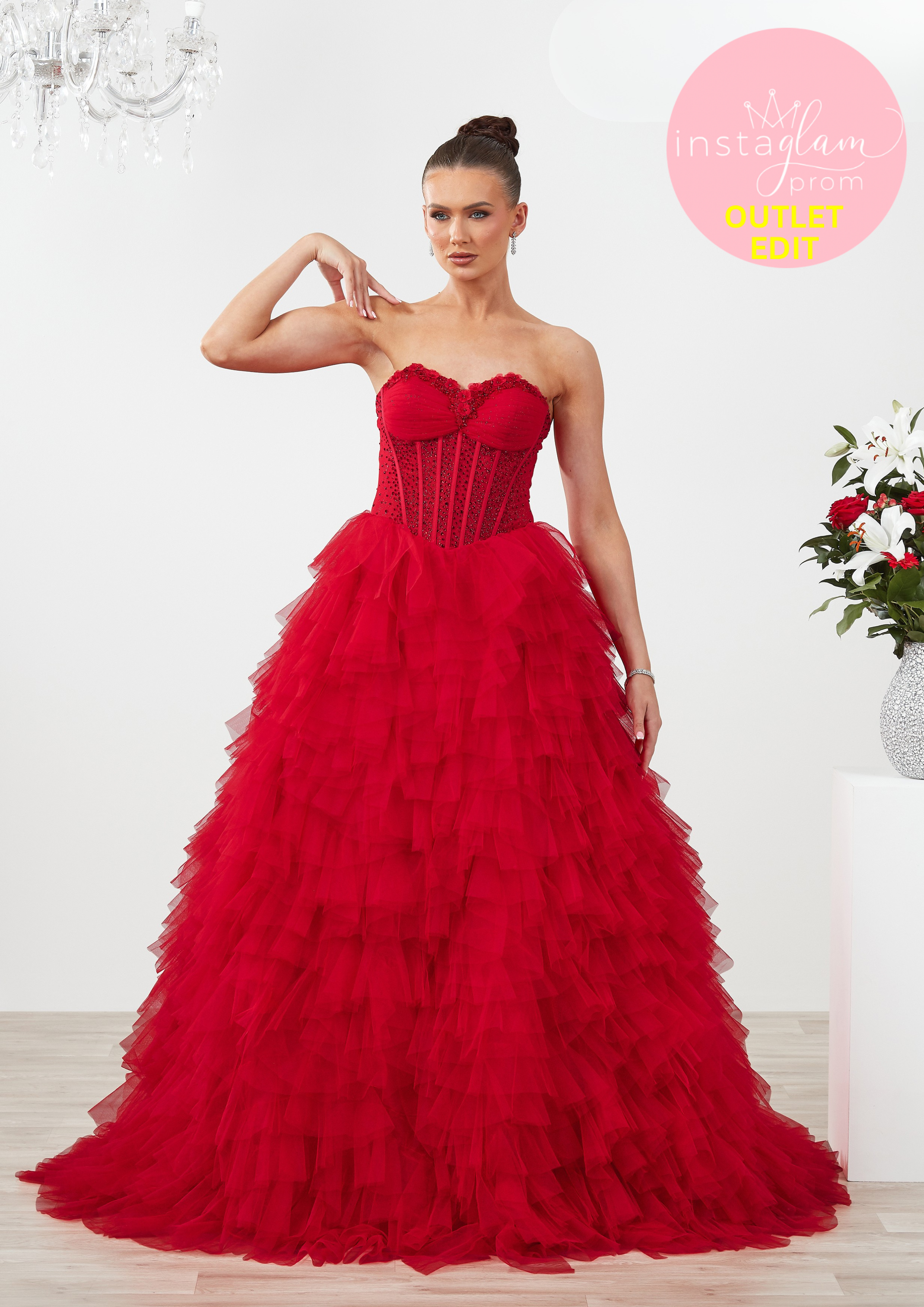 Ruffled Prom dress with boned sheer bodice and leg split- Style AF6650