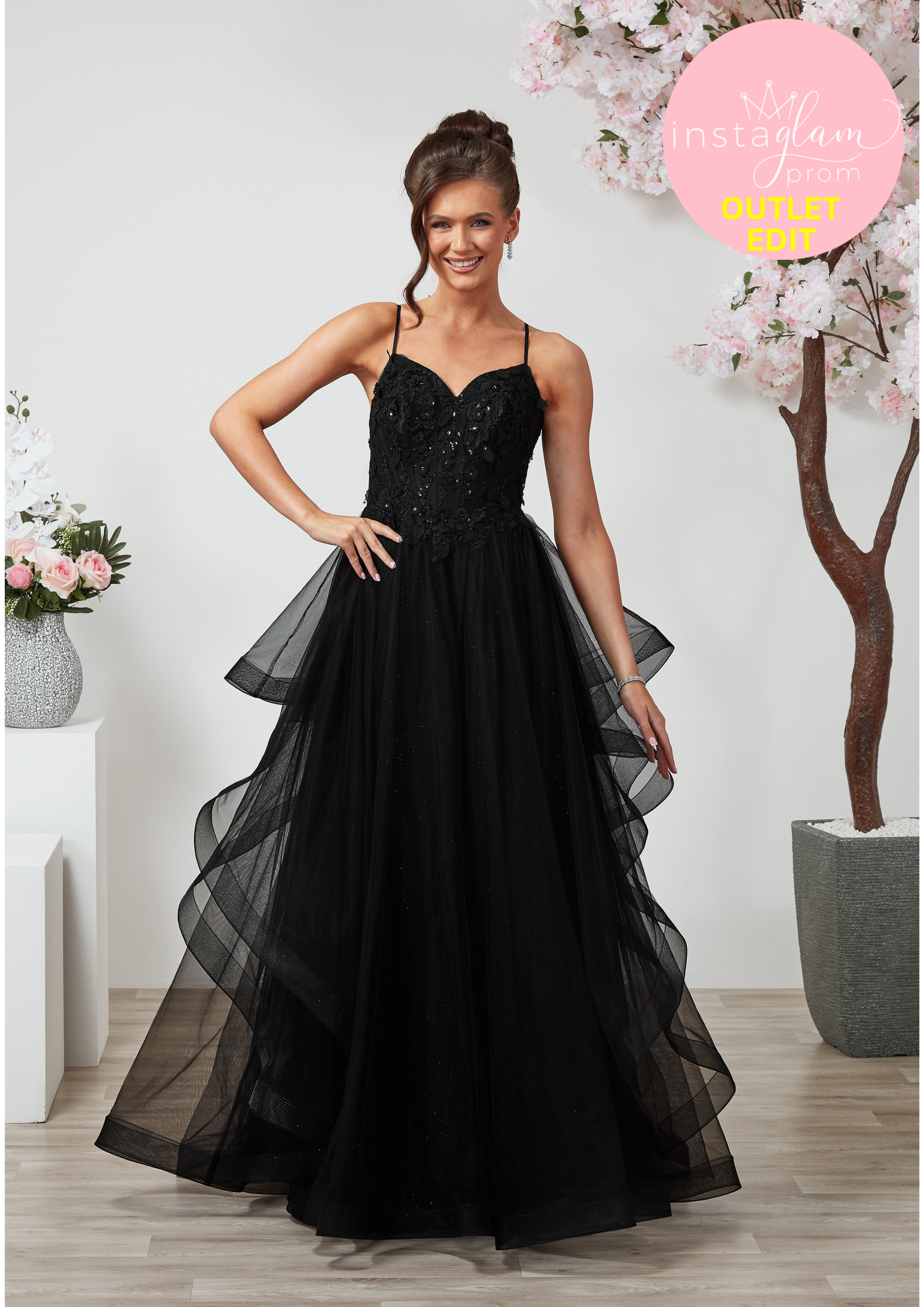 Ruffled ballgown prom / evening dress with boned sheer bodice, flower embellishments and corset back- Style AF6412