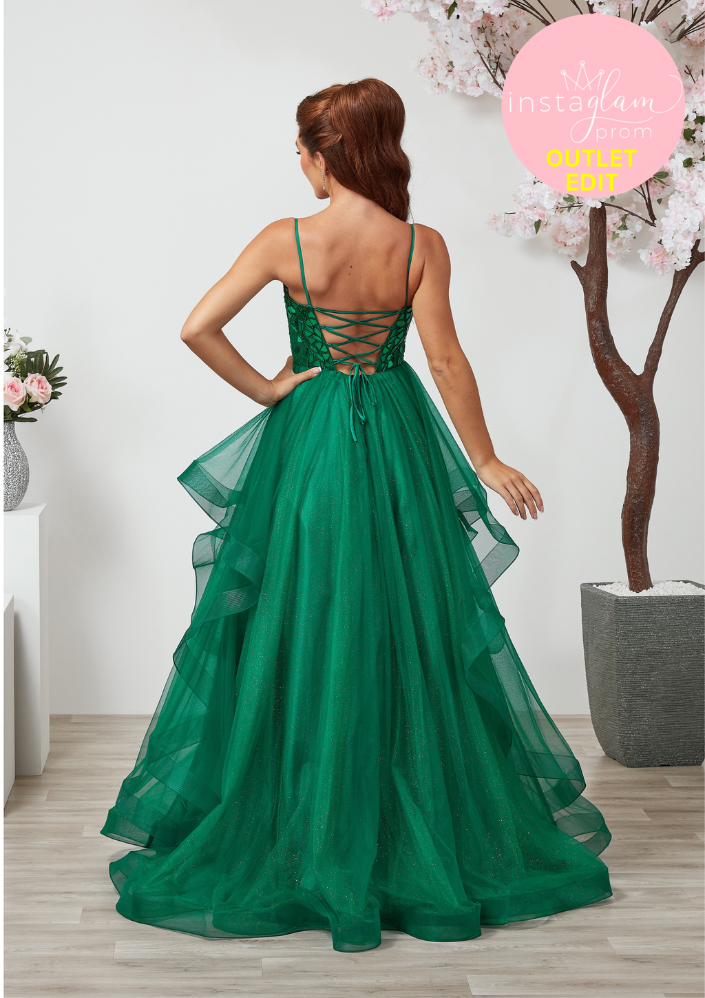 Ruffled ballgown prom/ evening dress with mirror tile detail and corset back- Style AF6496