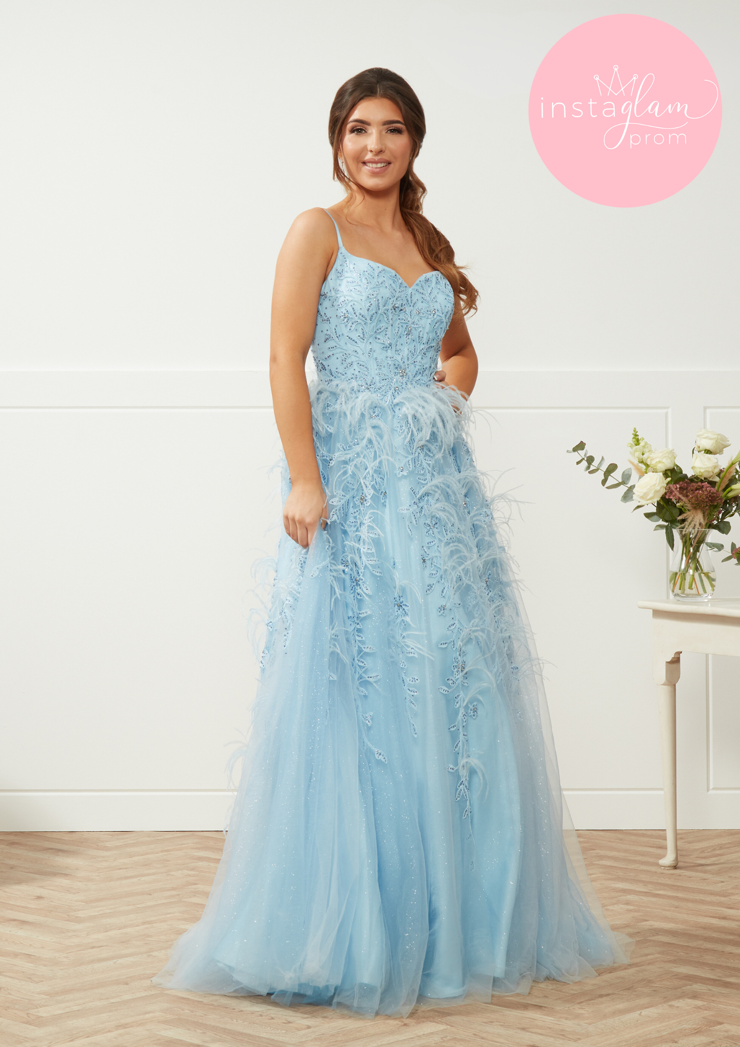 Feathered lace ballgown prom/ evening dress with corset back-style 4331