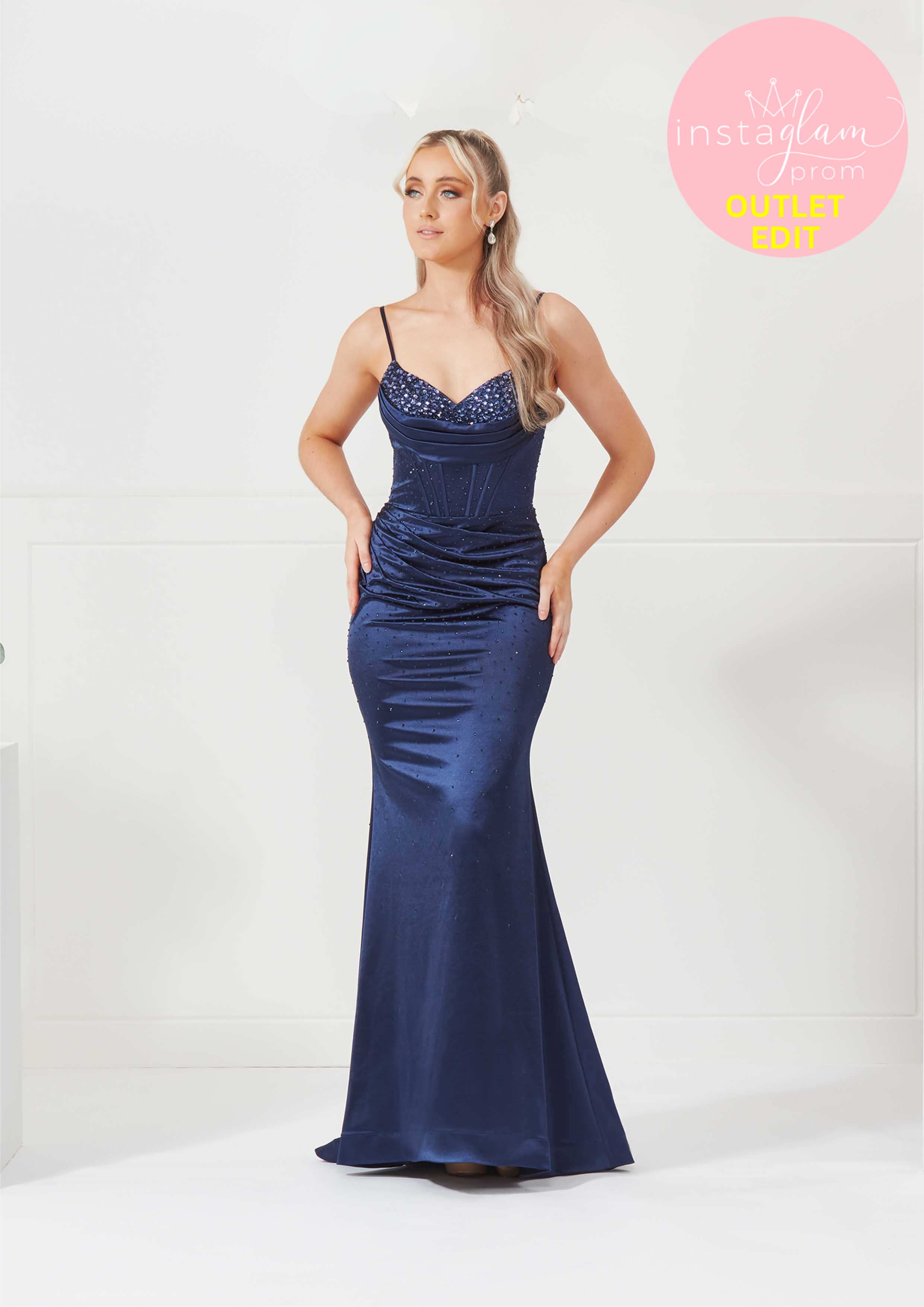 Satin fitted Prom dress with corset back, hot fix detail and leg split- Style AF3307