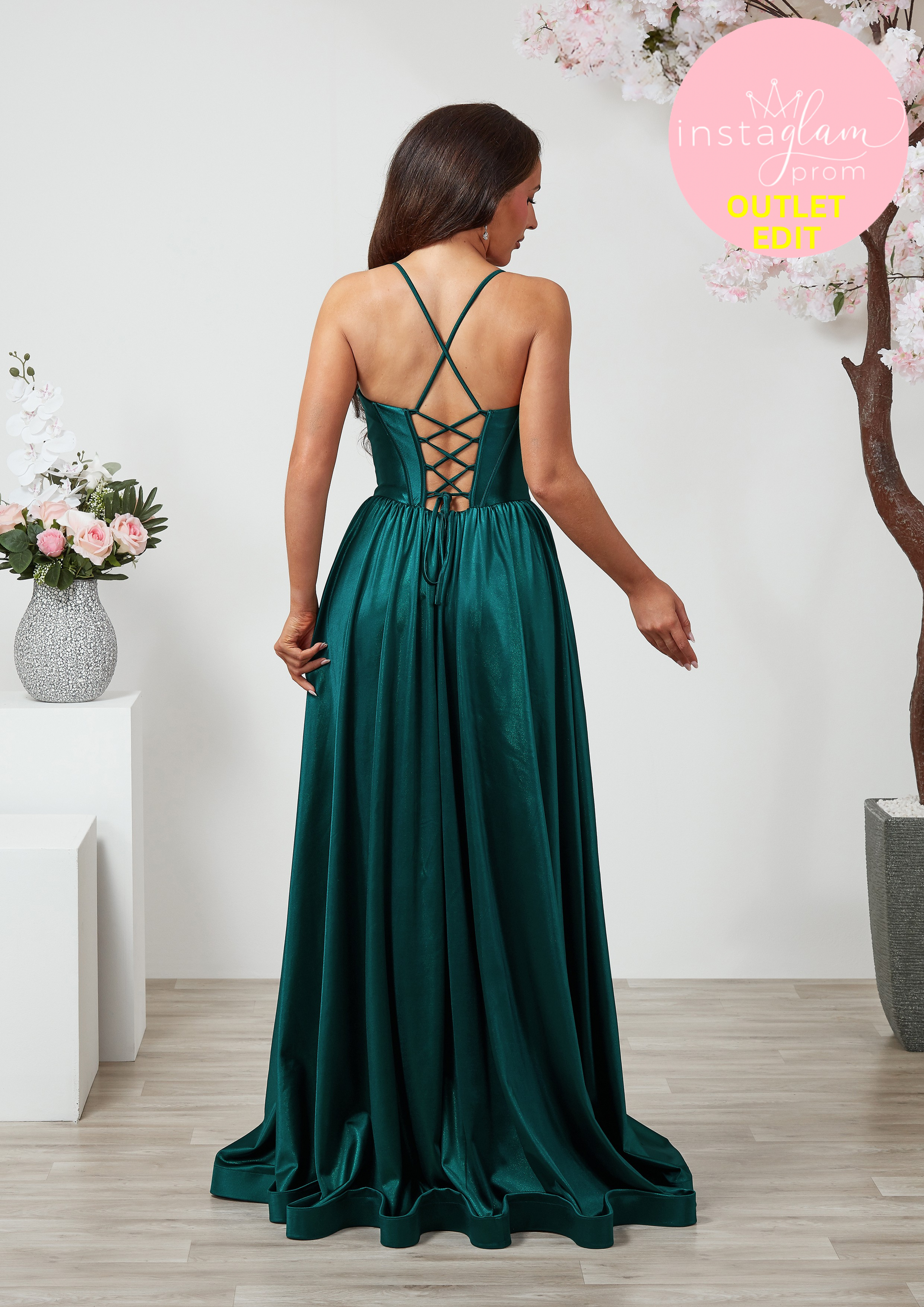 Aline satin Prom dress with round neck, boned bodice and leg split- Style AF6455