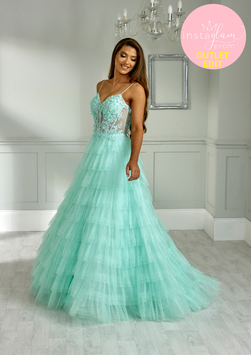 Aline Prom dress with tiered skirt boned sheer bodice and leg split- Style AF1644