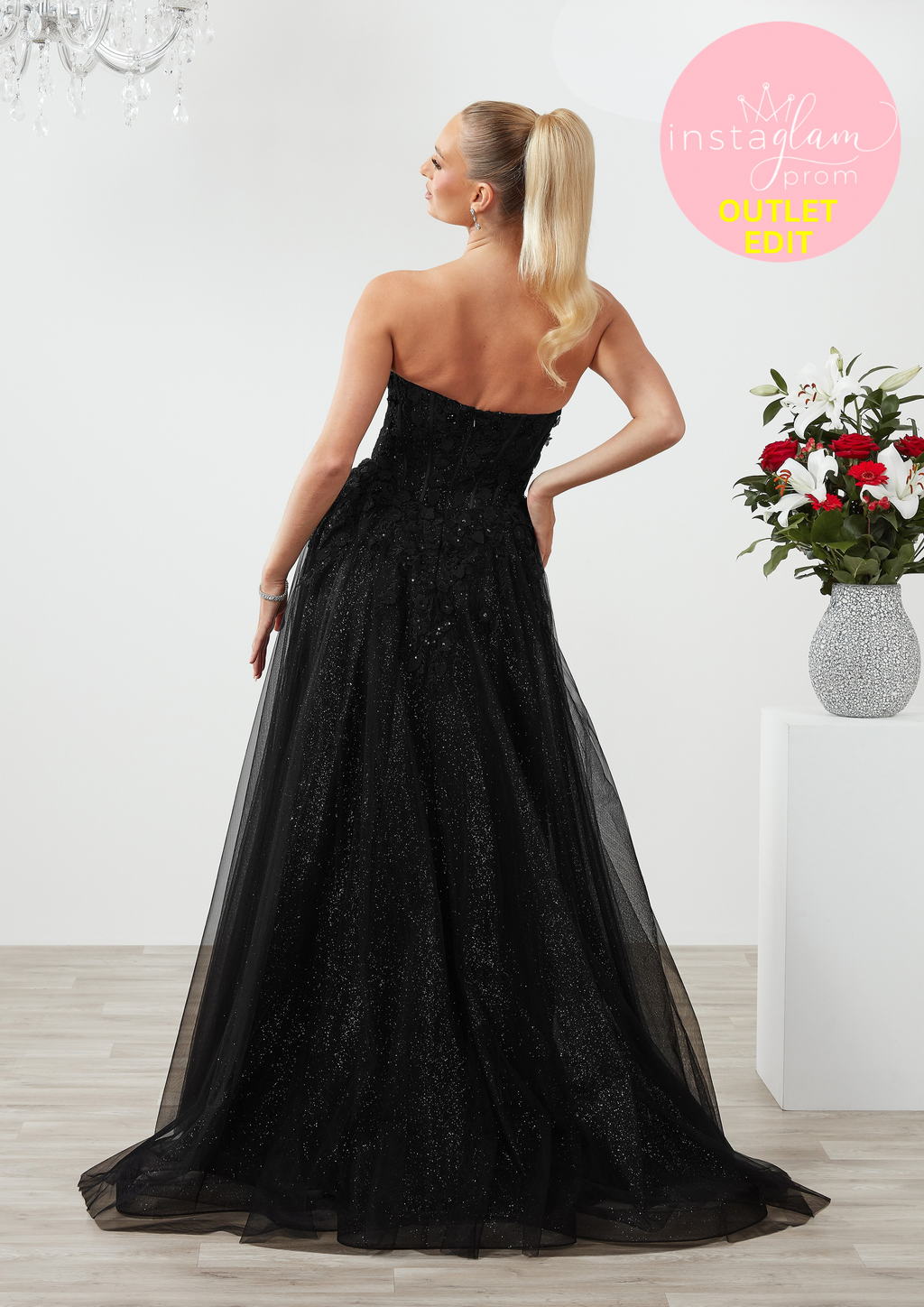 Aline prom / evening dress with boned sheer bodice, flower embellishments and leg split - Style AF6409