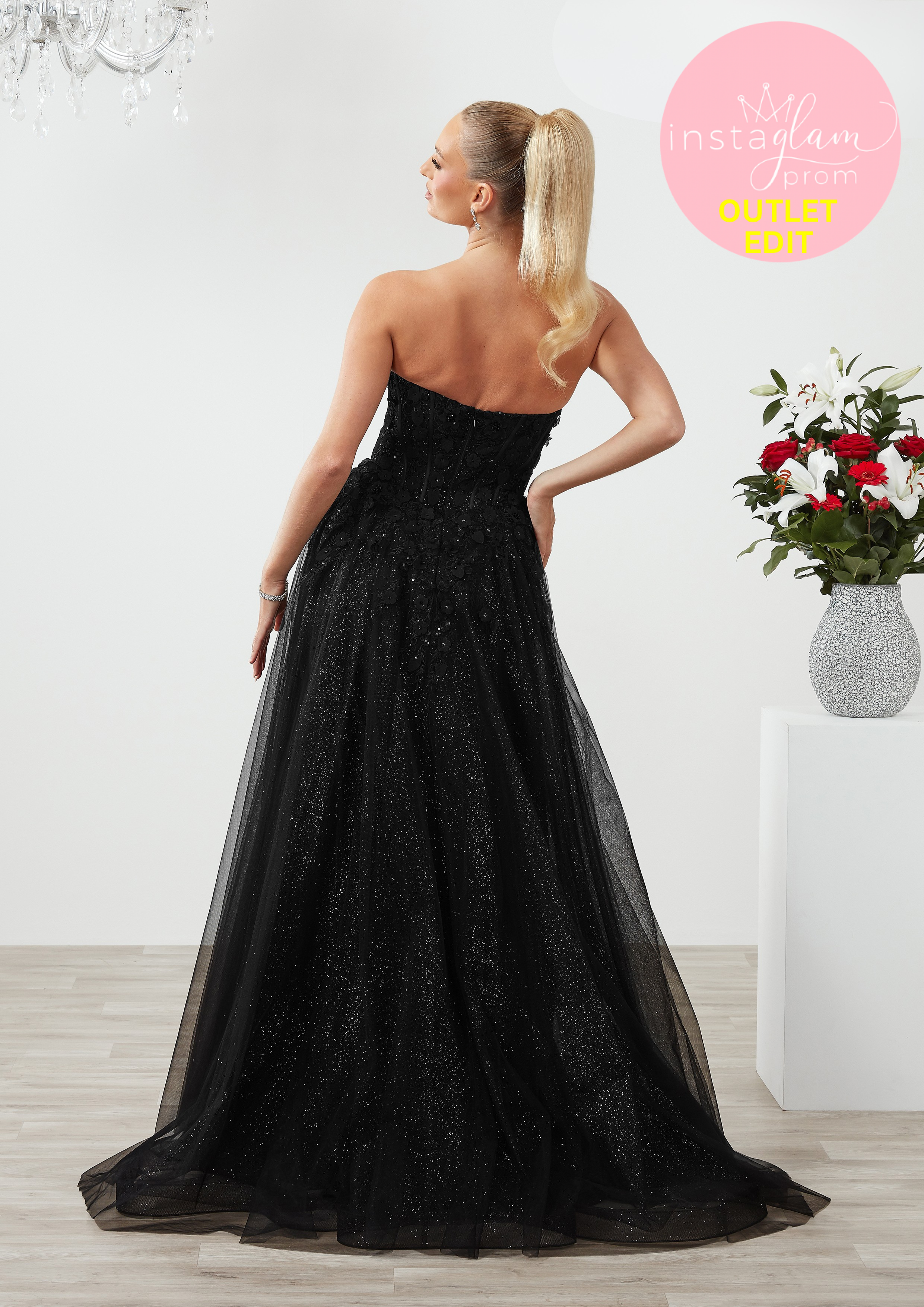 Aline prom / evening dress with boned sheer bodice, flower embellishments and leg split - Style AF6409