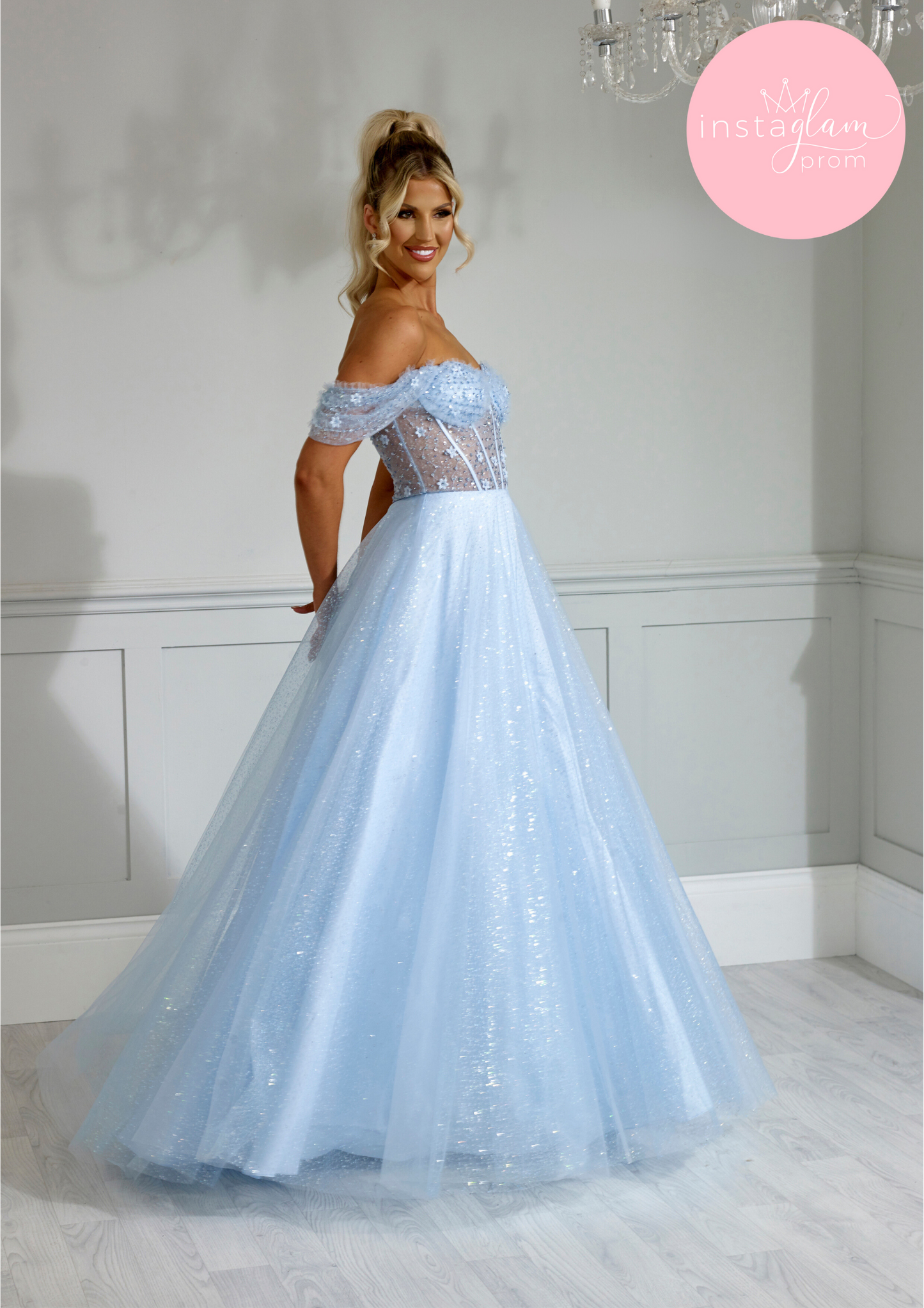 Off the shoulder glitter ballgown with flower detail prom/ evening dress -AF2244