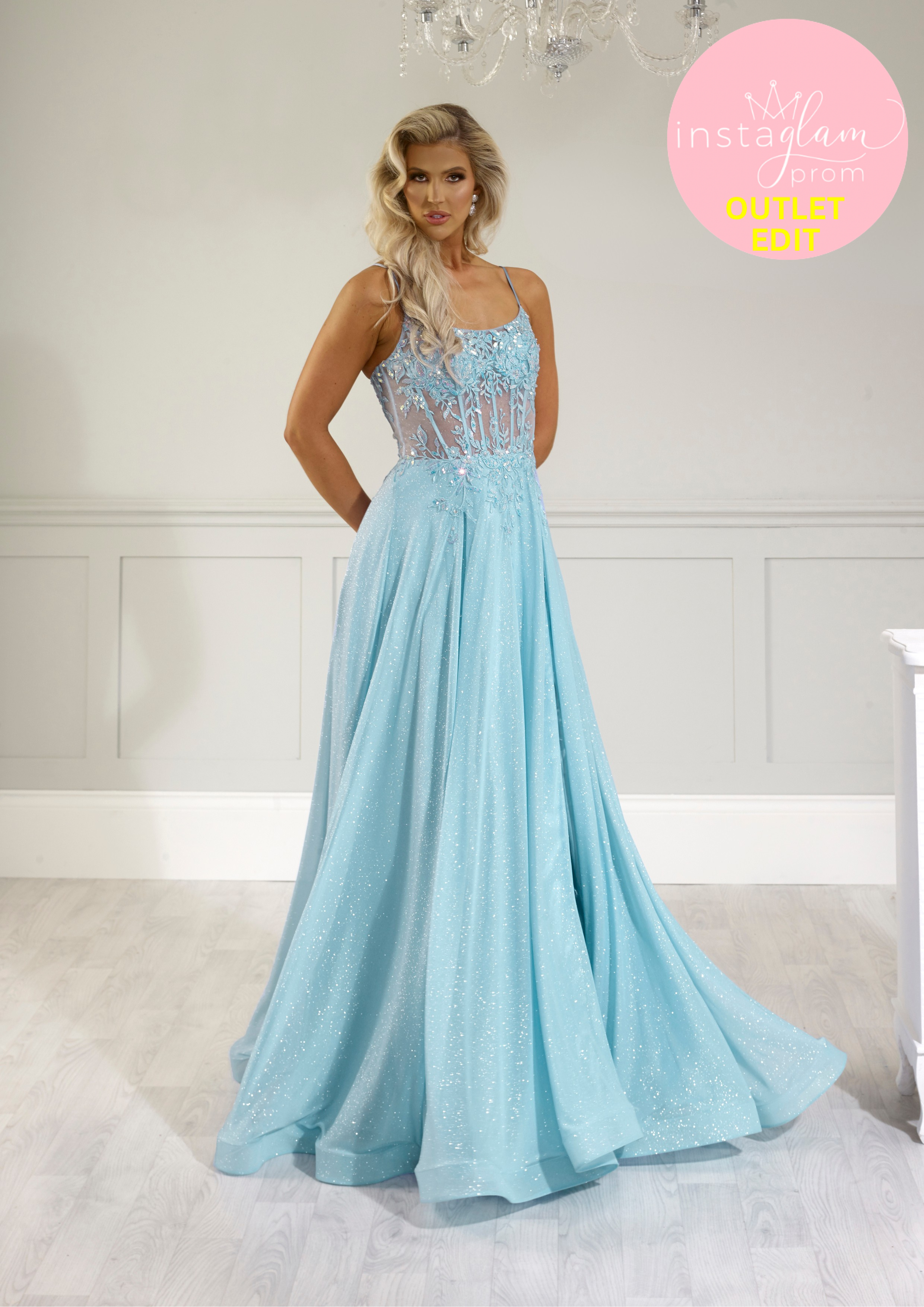 Aline glitter fabric prom dress with boned sheer bodice and leg split- Style AF4744