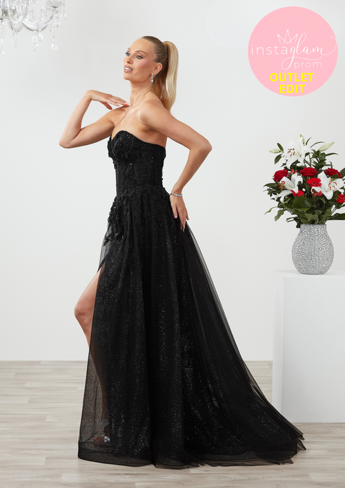 Aline prom / evening dress with boned sheer bodice, flower embellishments and leg split - Style AF6409