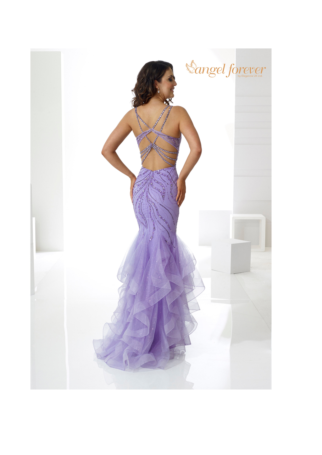 Ruffled Fishtail Prom dress with sheer bodice, beaded detail and statement back detail- Style AF21307