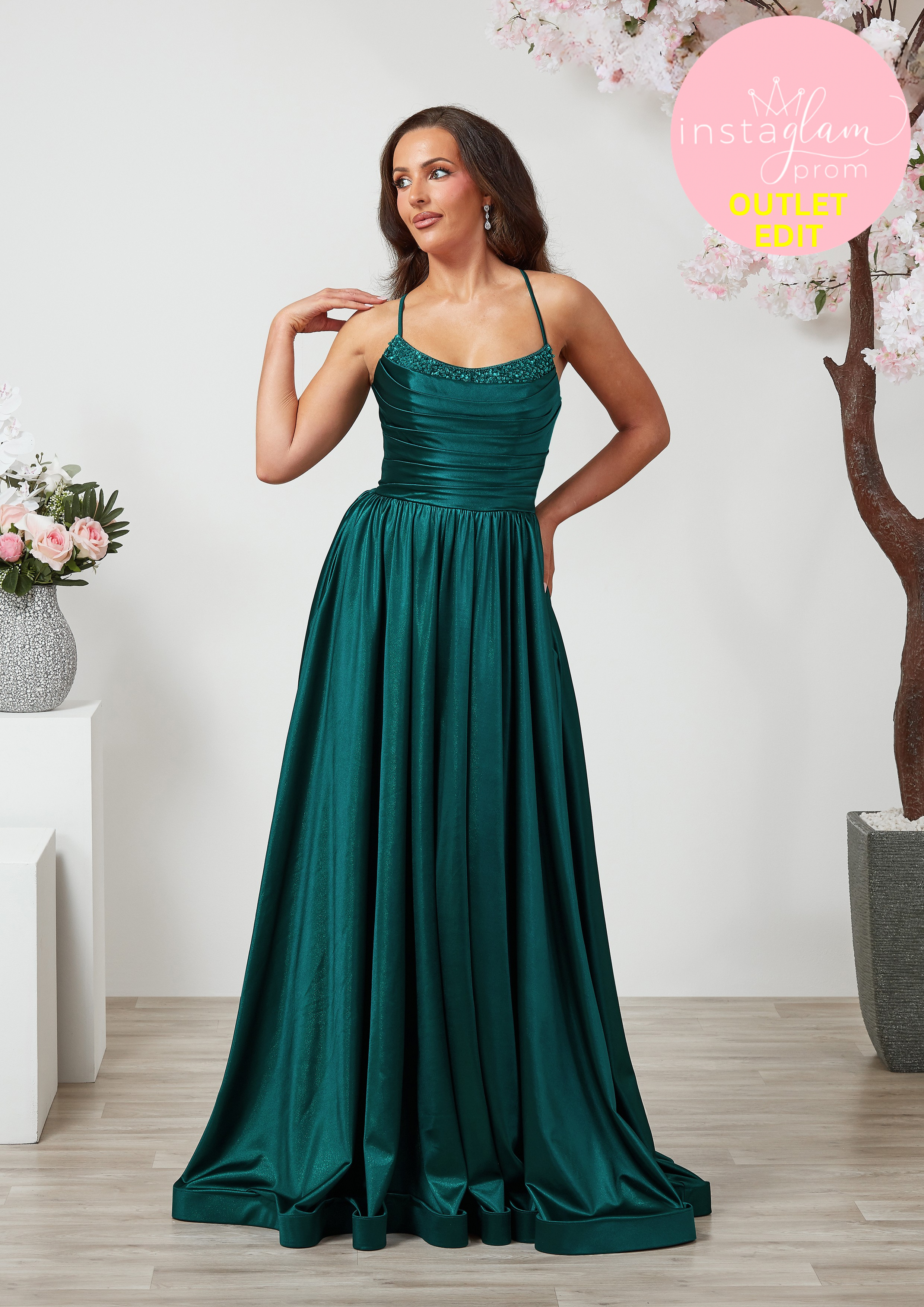 Aline satin Prom dress with round neck, boned bodice and leg split- Style AF6455