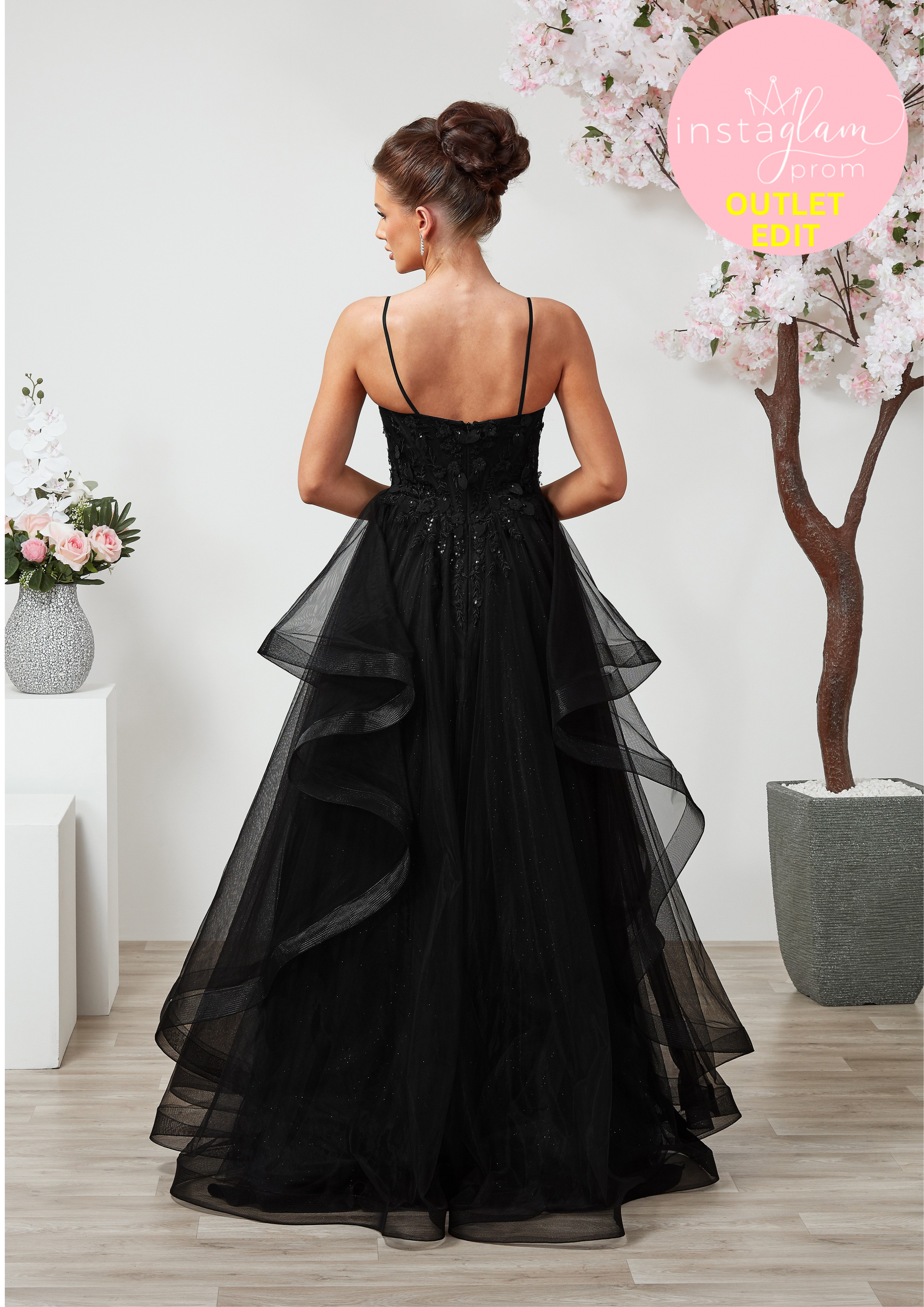 Ruffled ballgown prom / evening dress with boned sheer bodice, flower embellishments and corset back- Style AF6412