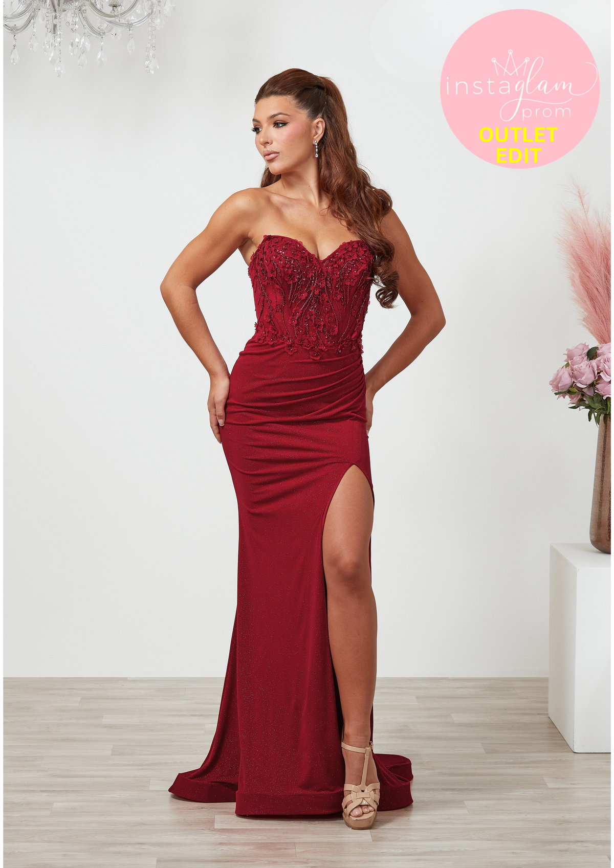 Fitted Glitter Prom Dress Strapless Boned Lace Bodice & Leg Split- AF6435