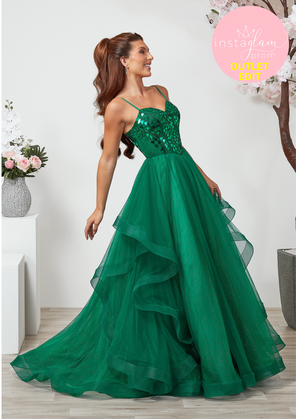Ruffled ballgown prom/ evening dress with mirror tile detail and corset back- Style AF6496