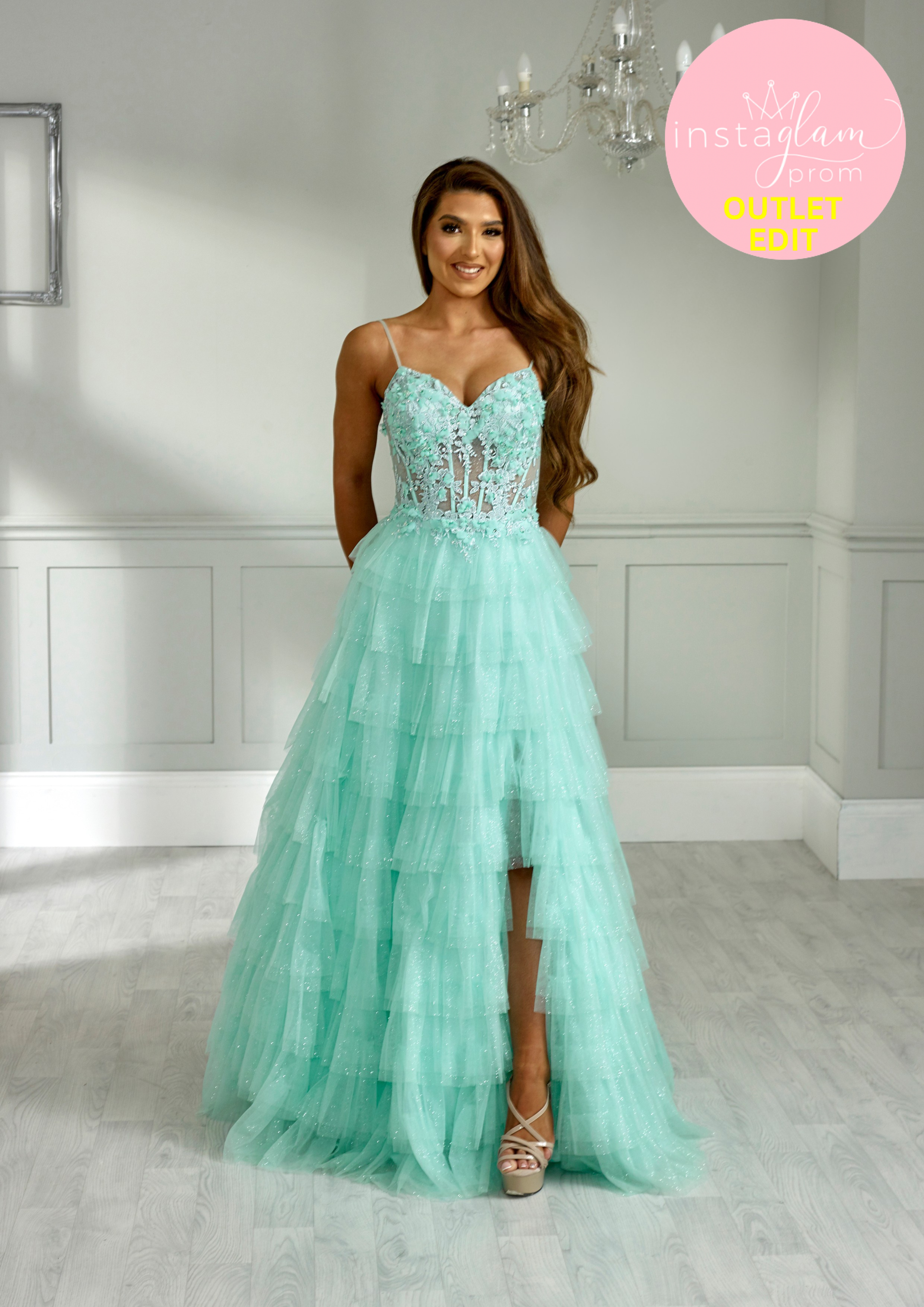 Aline Prom dress with tiered skirt boned sheer bodice and leg split- Style AF1644