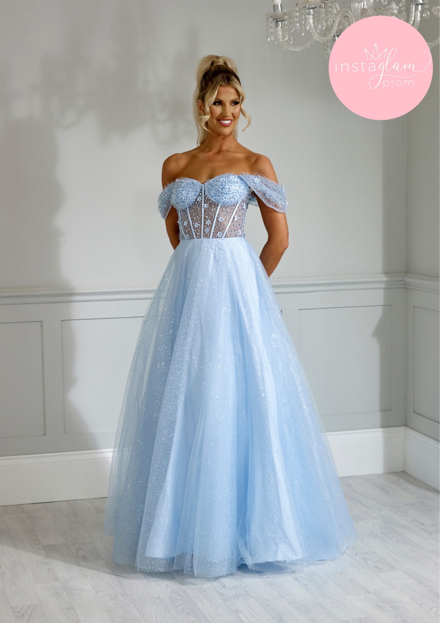 Off the shoulder glitter ballgown with flower detail prom/ evening dress -AF2244