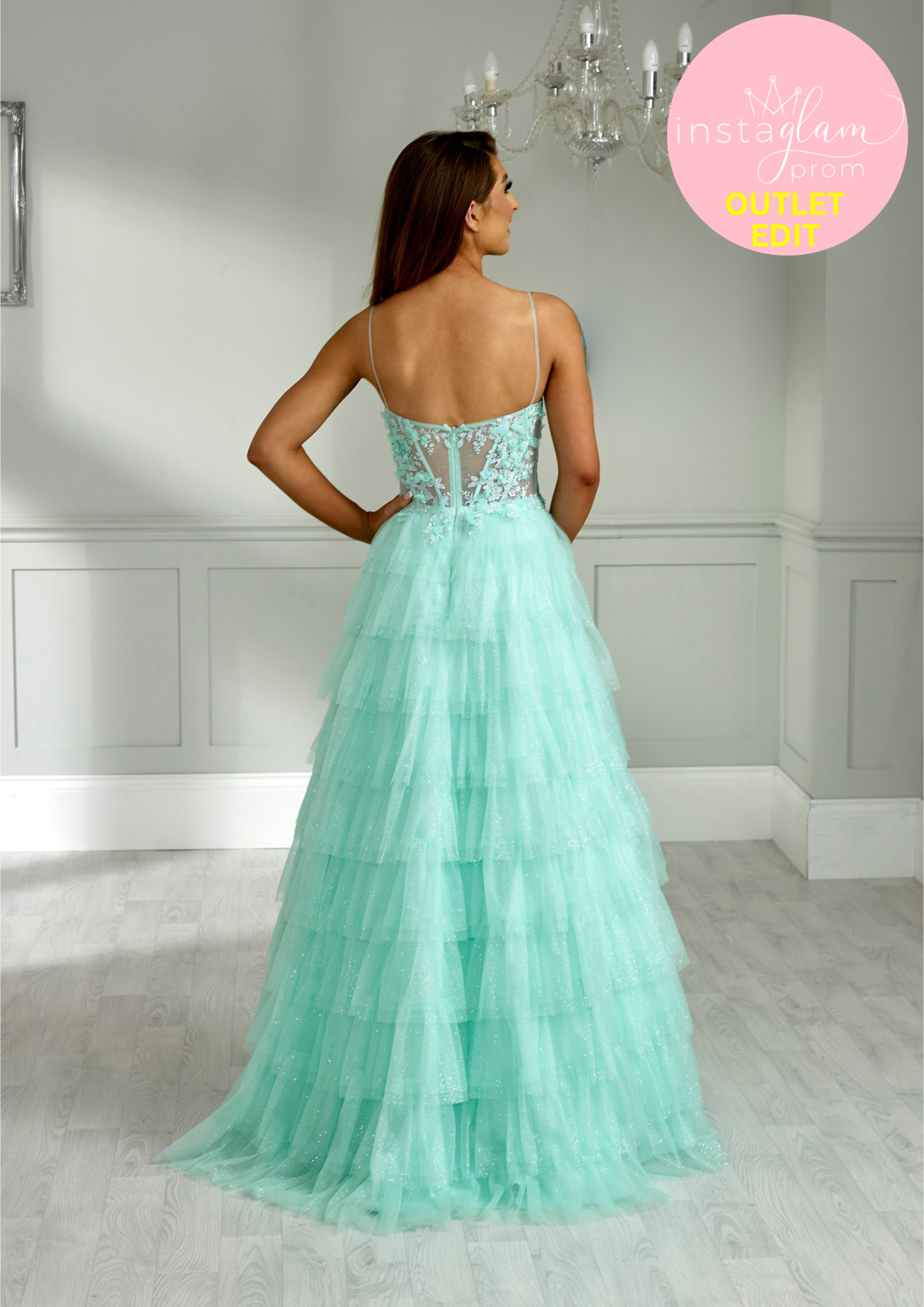 Aline Prom dress with tiered skirt boned sheer bodice and leg split- Style AF1644