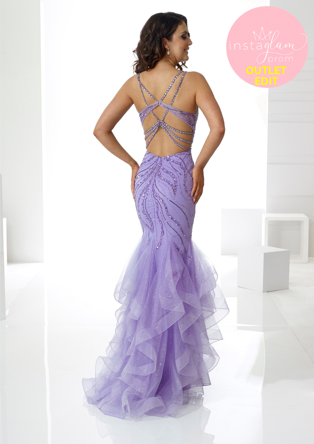 Ruffled Fishtail Prom dress with sheer bodice, beaded detail and statement back detail- Style AF21307