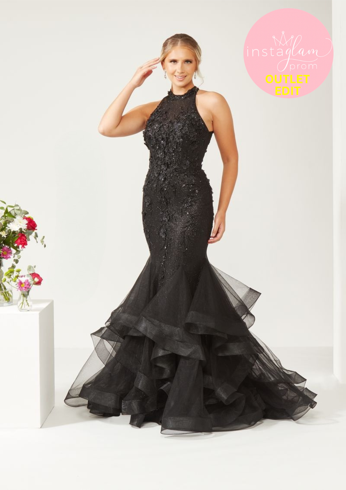 Fishtail Tulle Prom Dress- High Neck and Flower Detail- Style AF4305