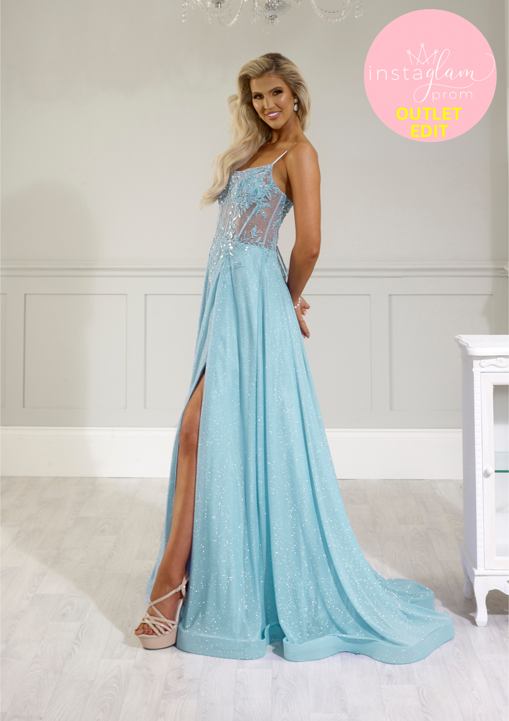 Aline glitter fabric prom dress with boned sheer bodice and leg split- Style AF4744