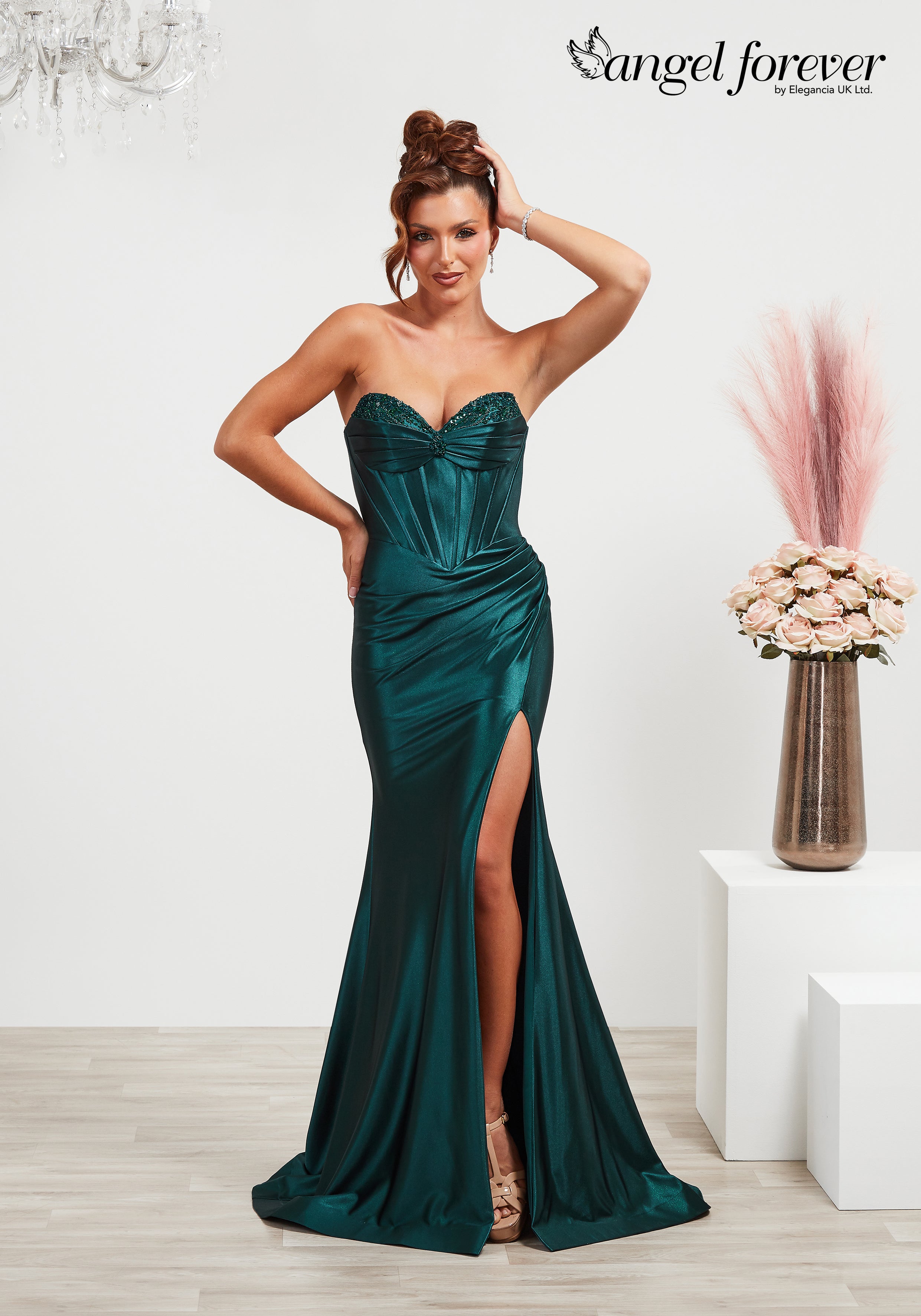 Fitted satin prom dress with boned beaded bodice, zip back and leg split- Style AF6337