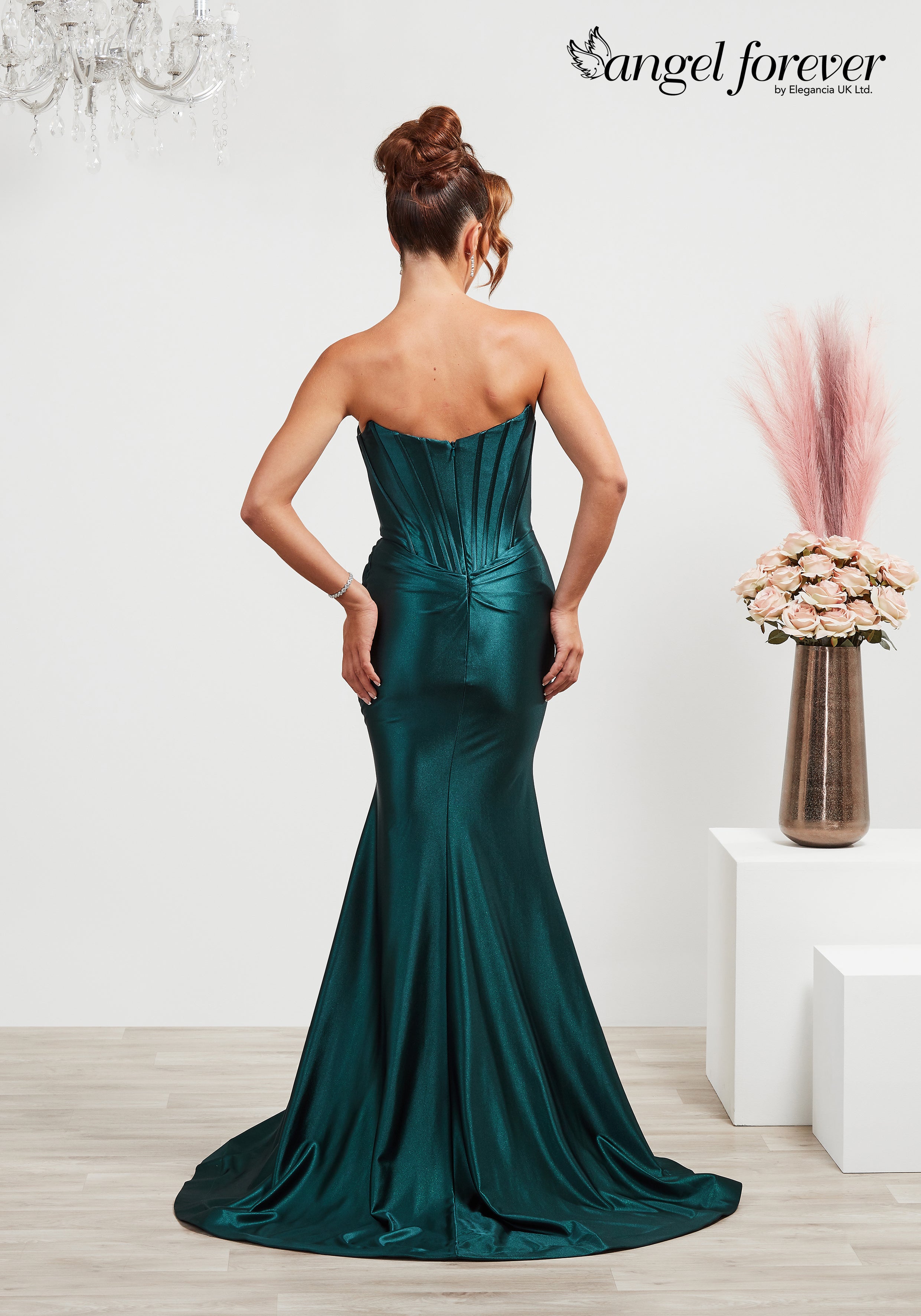 Fitted satin prom dress with boned beaded bodice, zip back and leg split- Style AF6337
