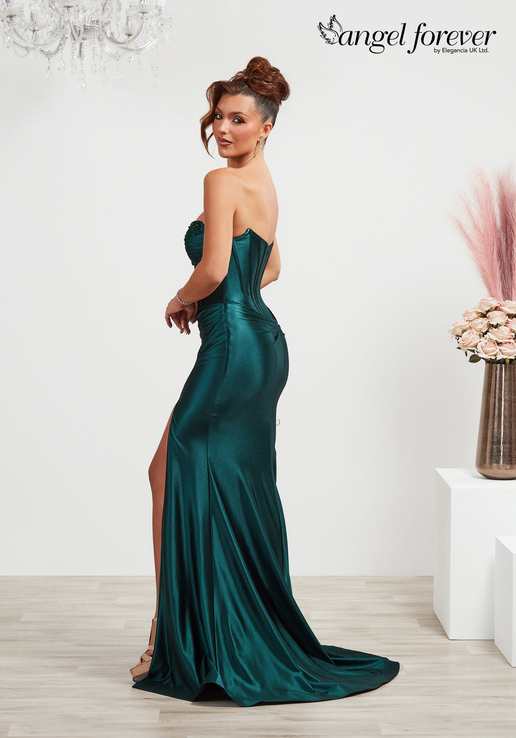 Fitted satin prom dress with boned beaded bodice, zip back and leg split- Style AF6337