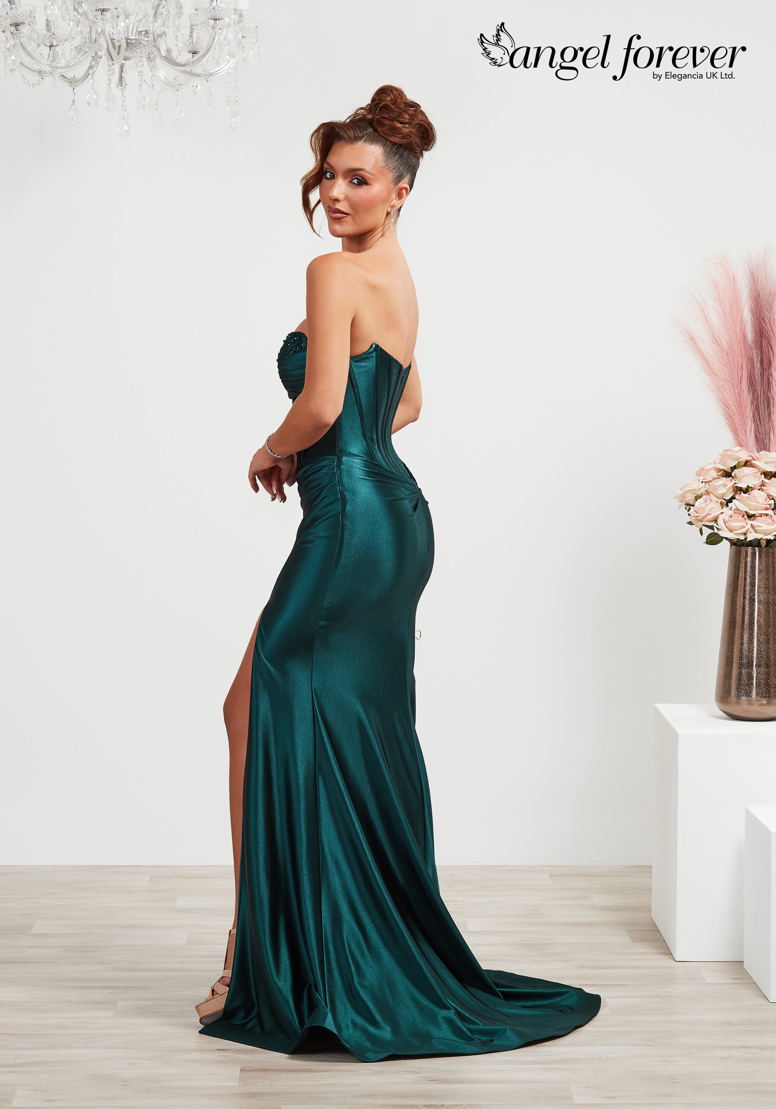 Fitted satin prom dress with boned beaded bodice, zip back and leg split- Style AF6337
